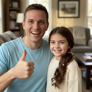 Man and young girl giving a thumbs up in a living room