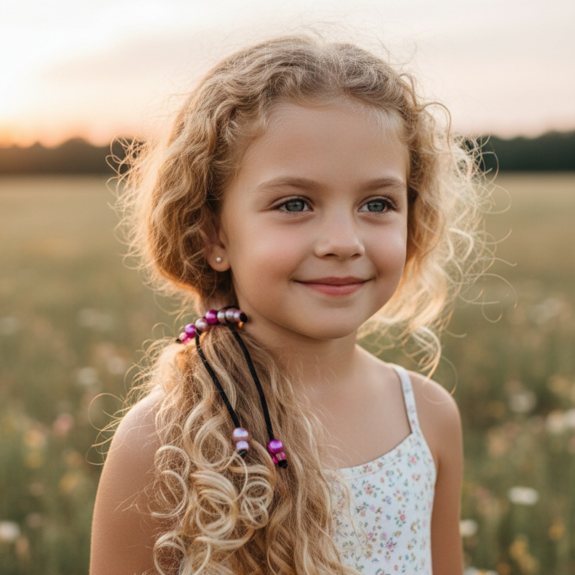 Young girl with pigtails in a field during sunset