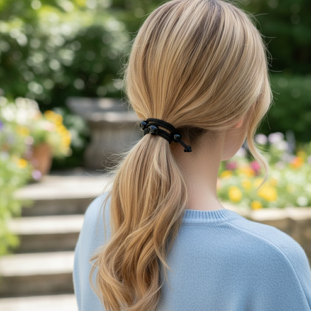 Person with blonde hair in a ponytail wearing a light blue sweater, standing in a garden.