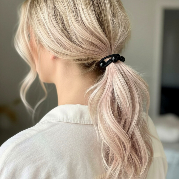 Person with blonde hair in a ponytail wearing a white sweater.
