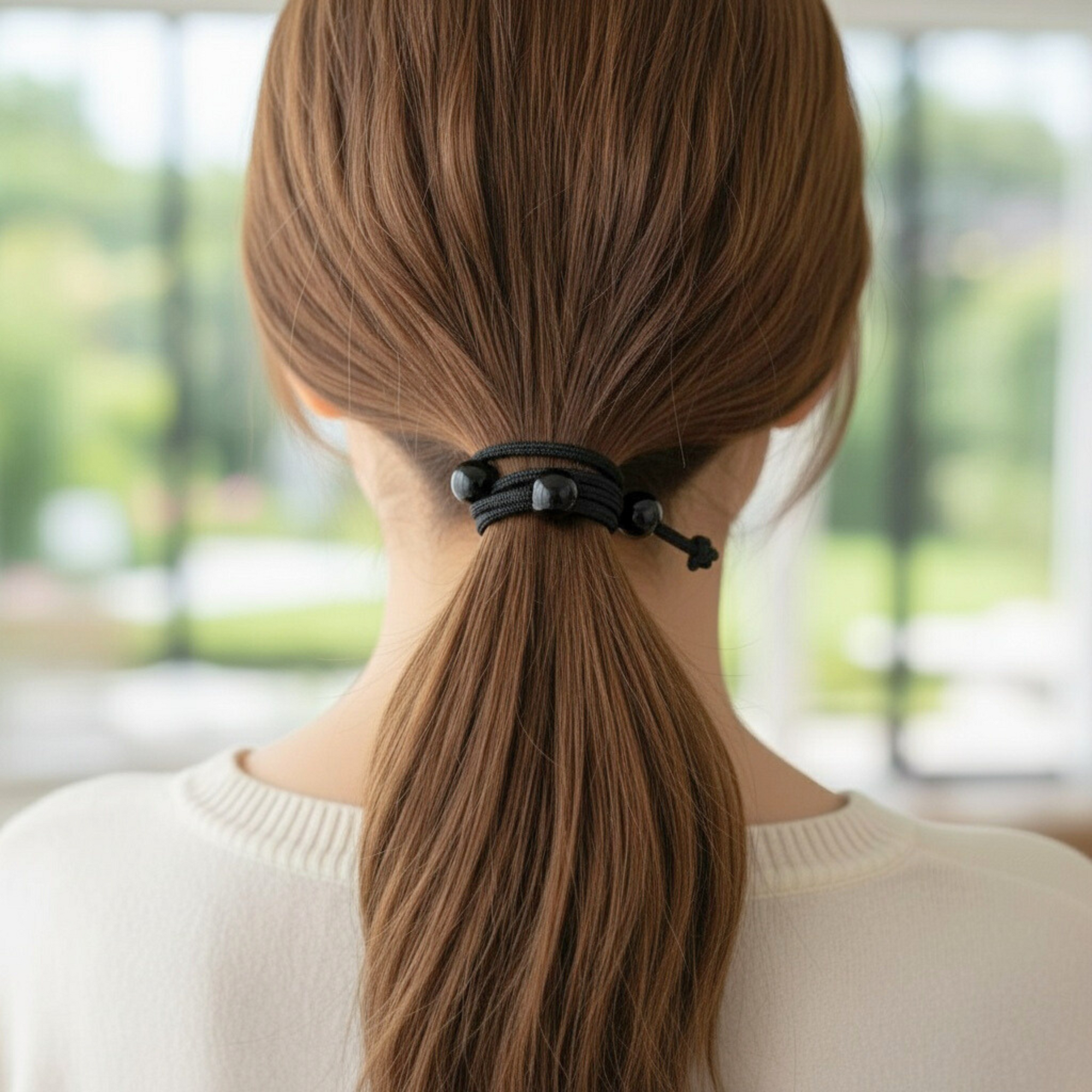 Person with long brown hair tied into a ponytail, wearing a light-colored sweater, with a blurred outdoor background.
