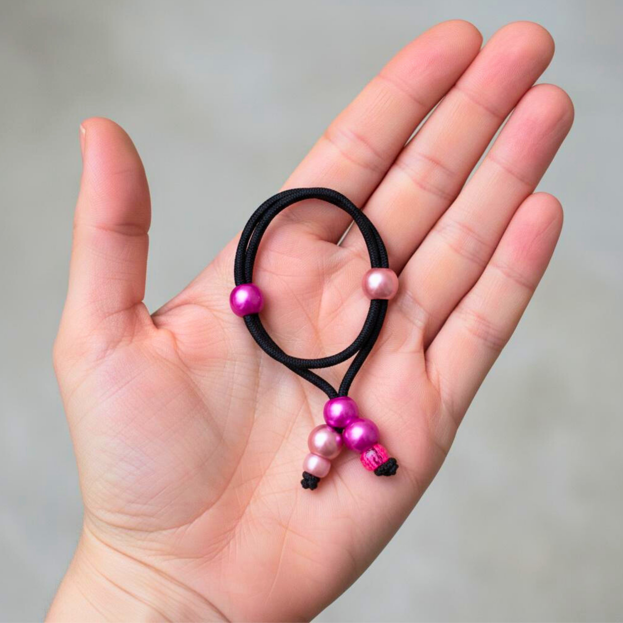 Black hair tie with pink beads held in a hand against a gray background