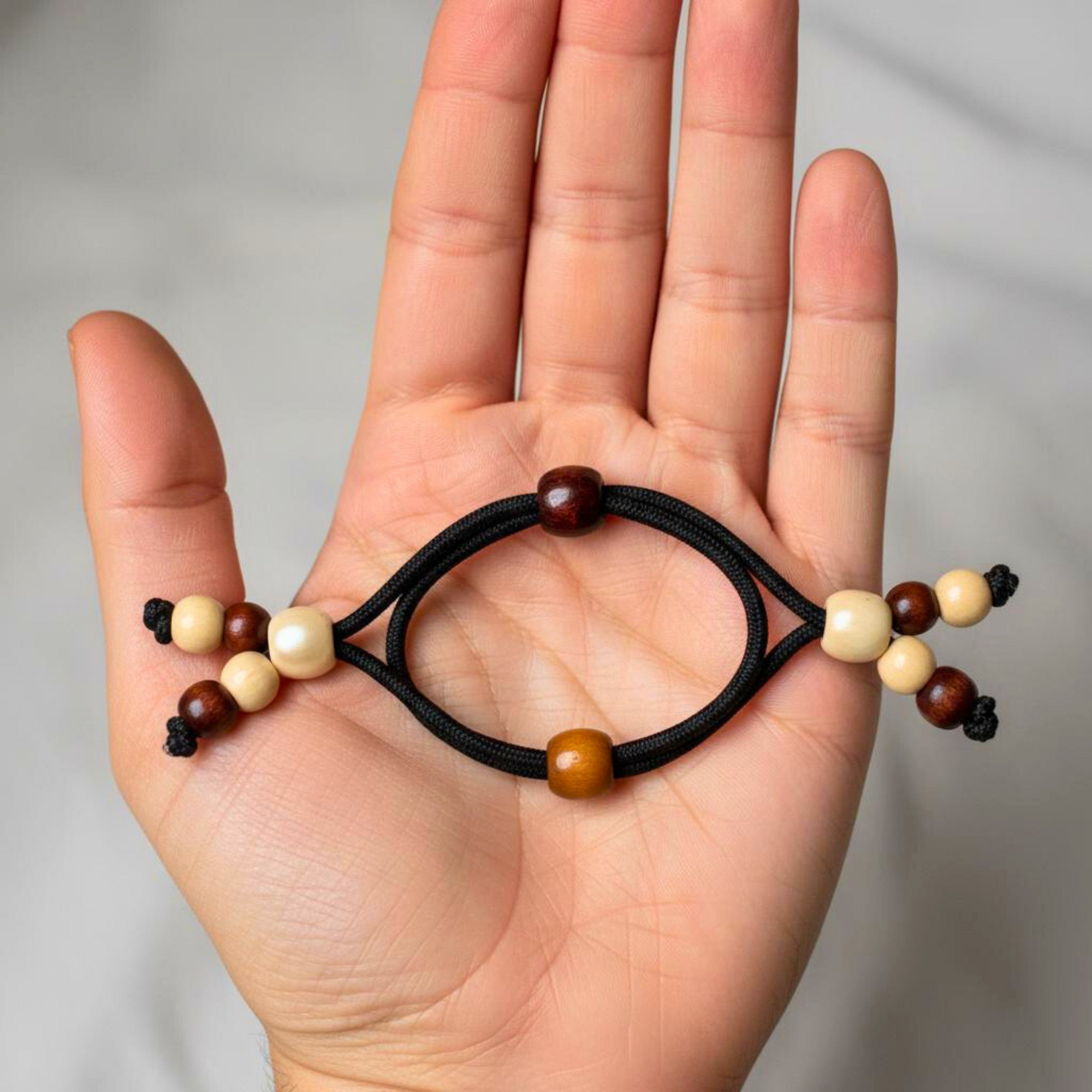 Hand holding a black hair tie with wooden beads against a neutral background