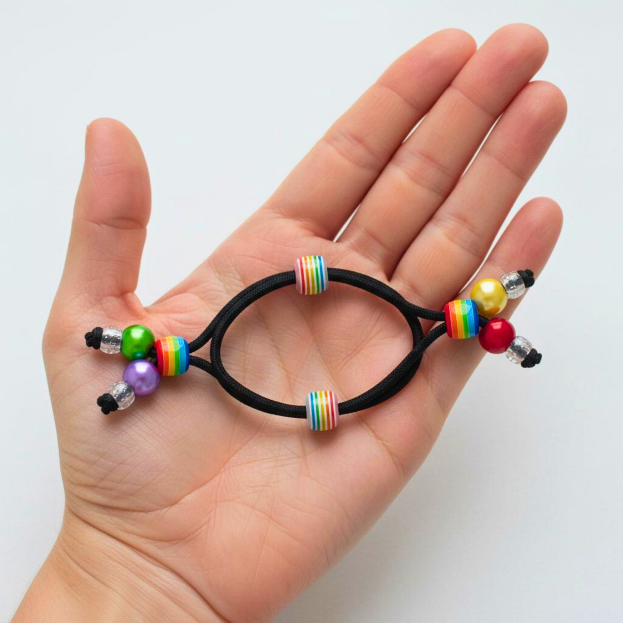 Hand holding a black hair tie with colorful beads on a white background