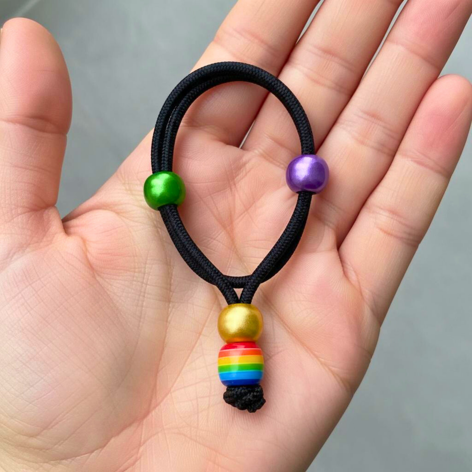 Black hair tie with colorful beads held in a hand against a neutral background