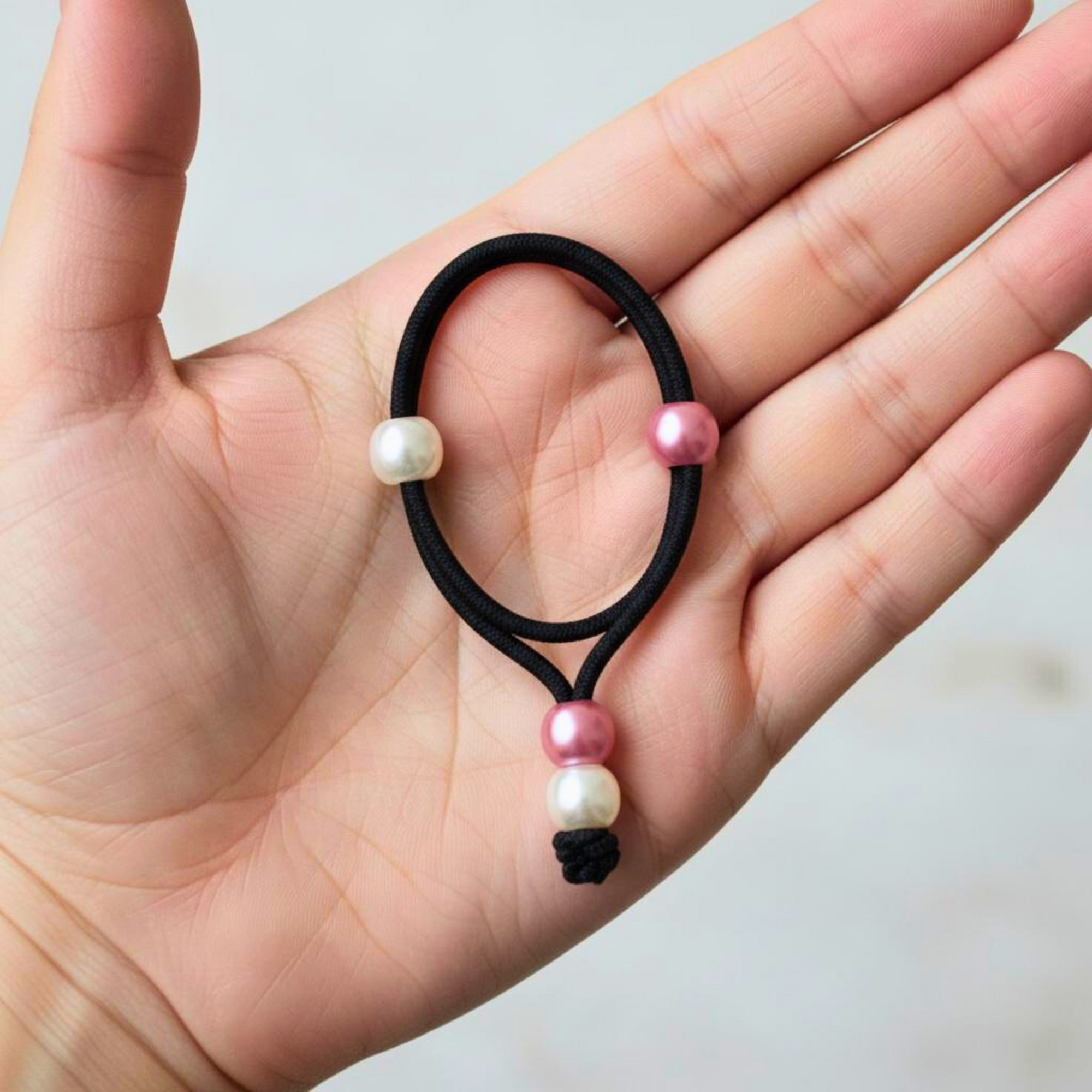 Black hair tie with pink and white beads held in a hand against a light background