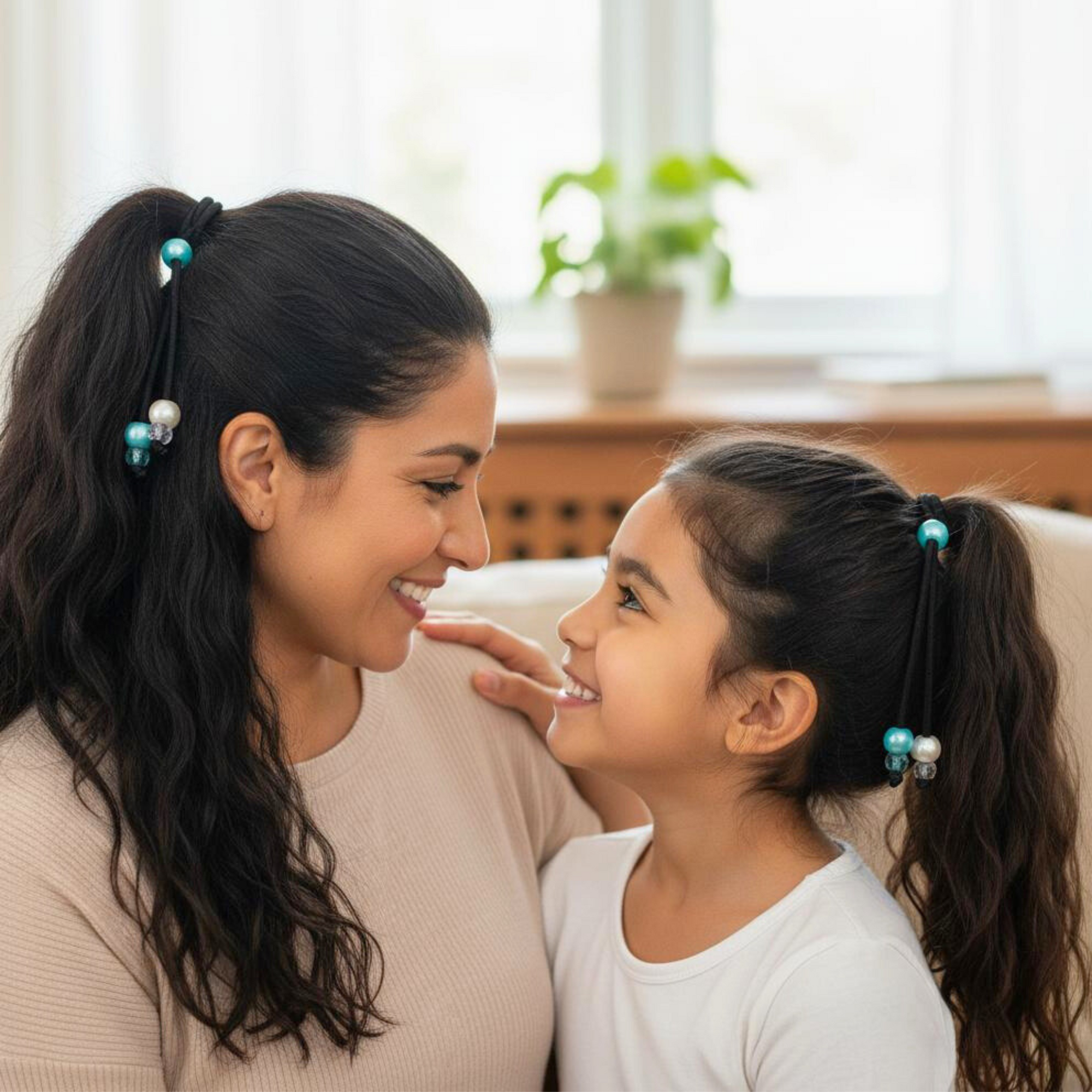 Mother and daughter smiling and wearing PopTails™ QuickPop™ - Arctic Ice hair tie