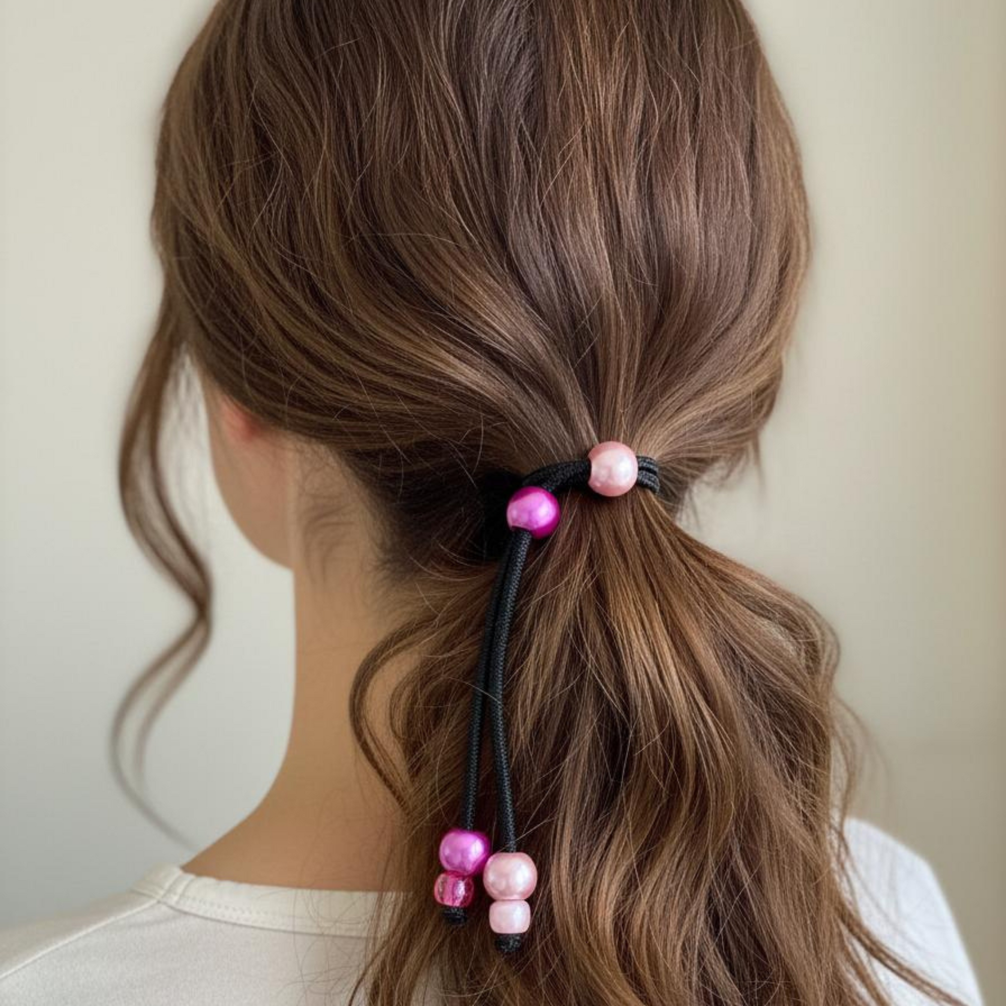 PonyPop™ QuickPop™ - Blush Pink hair tie in brown wavy hair