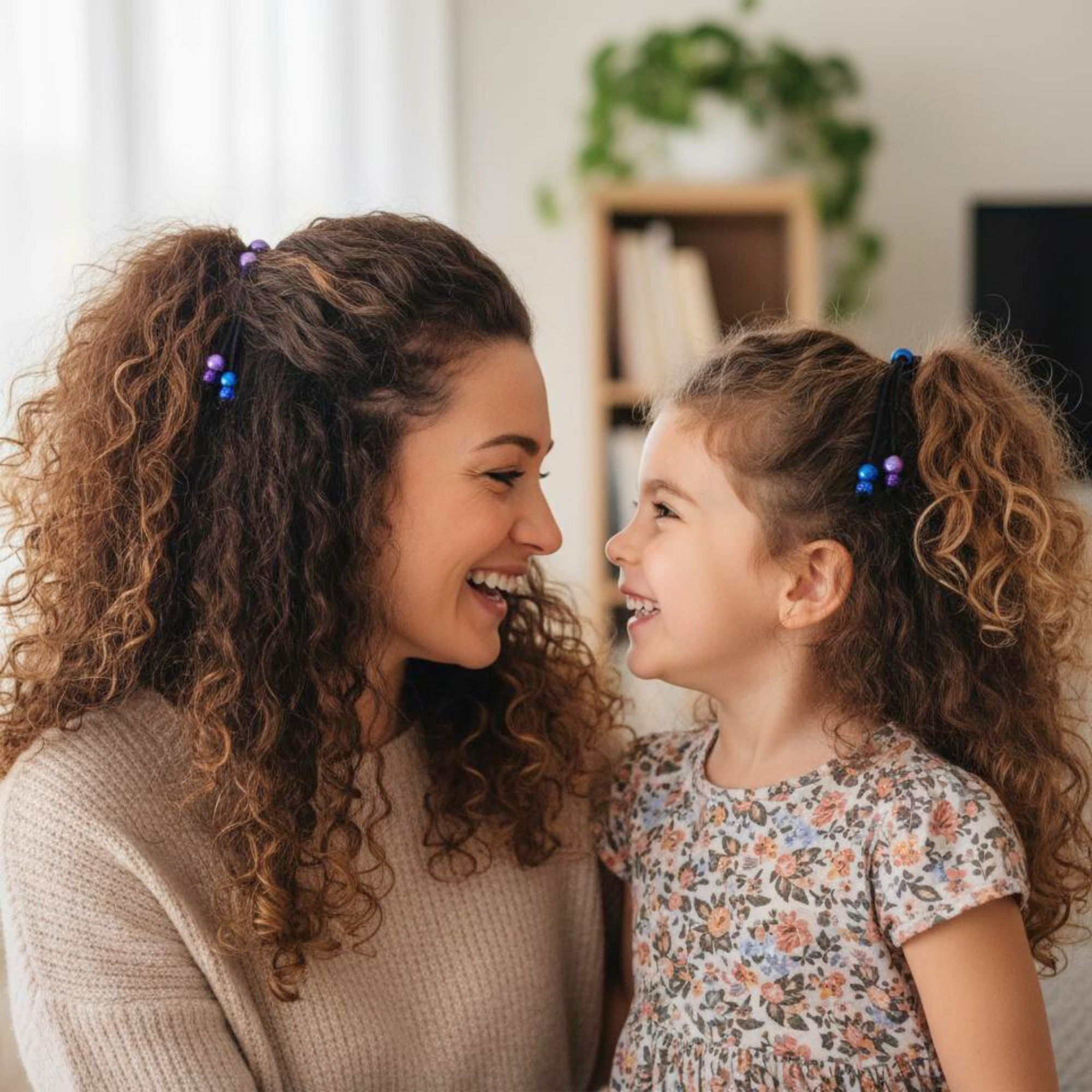 Mother and daughter smiling and wearing PonyPop™ QuickPop™ - Midnight Berry hair ties