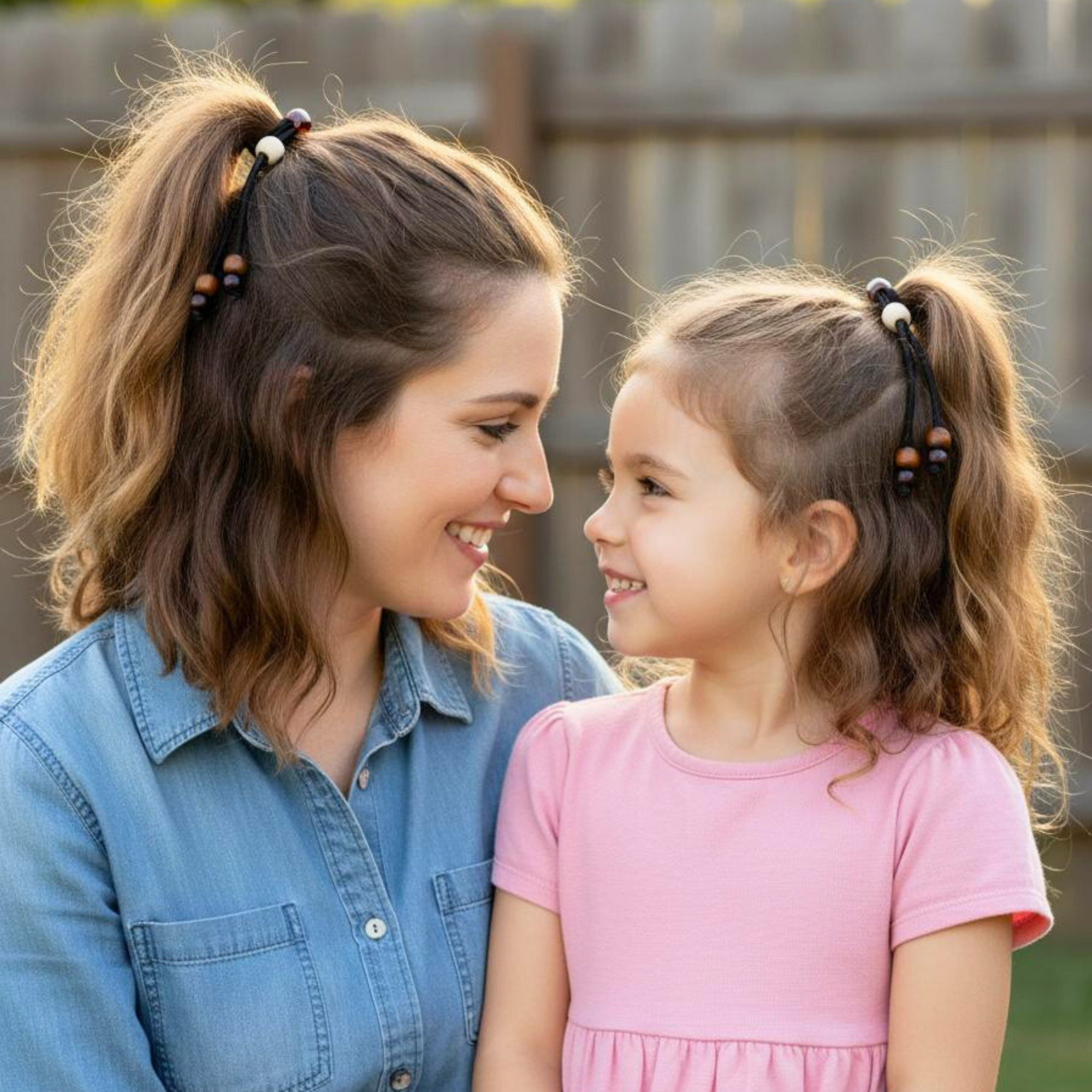 Mother and daughter smiling and wearing PonyPop™ QuickPop™ - Natural Wood hair ties