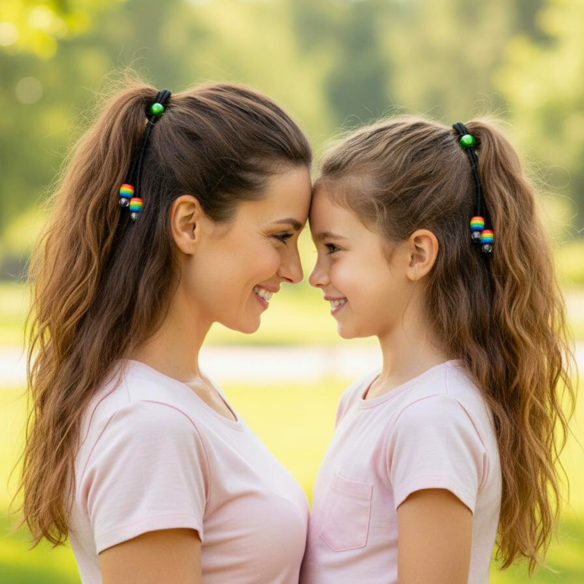 Mother and daughter smiling and wearing PonyPop™ QuickPop™ - Rainbow hair ties