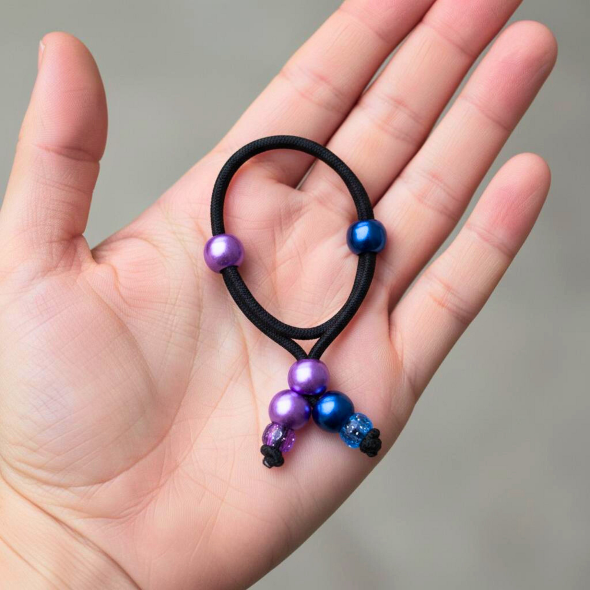 Black hair tie with purple and blue beads held in a hand against a neutral background