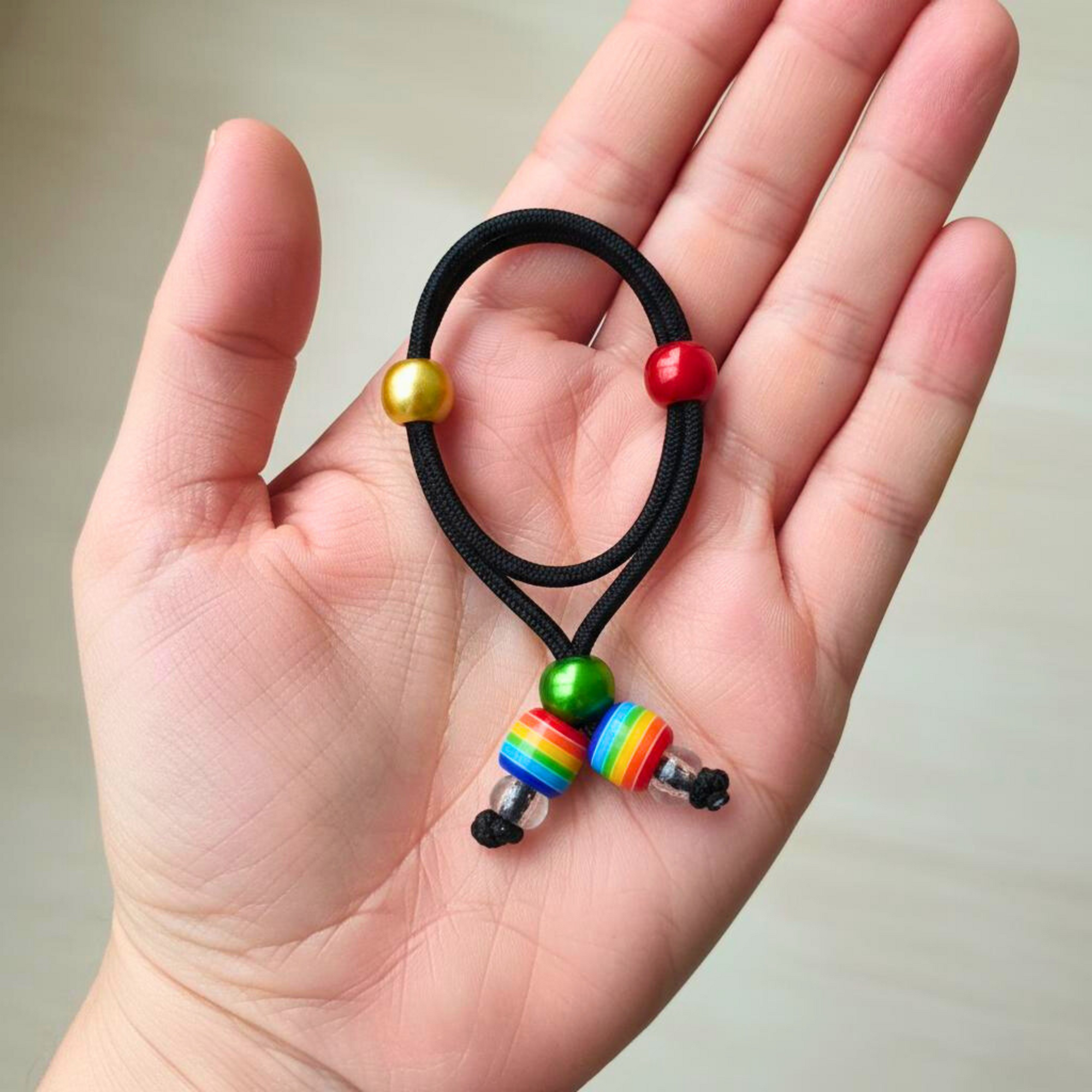 Hand holding a black hair tie with colorful beads against a neutral background