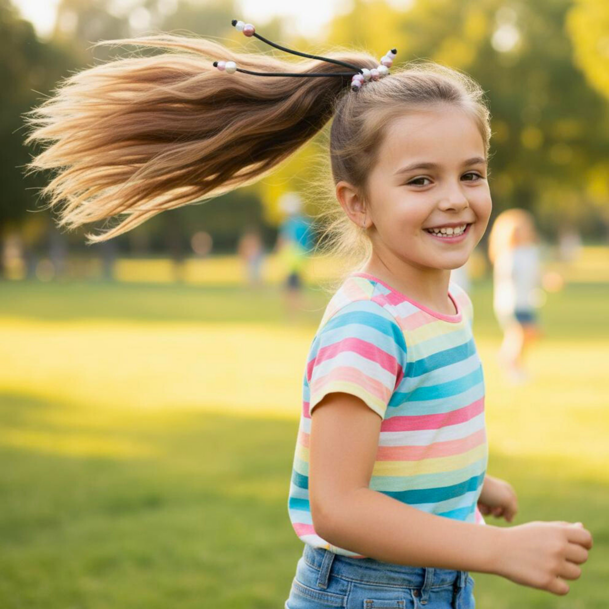 Young child wearing PonyPop™ PopTails™ - Rose Quartz hair tie while smiling and running