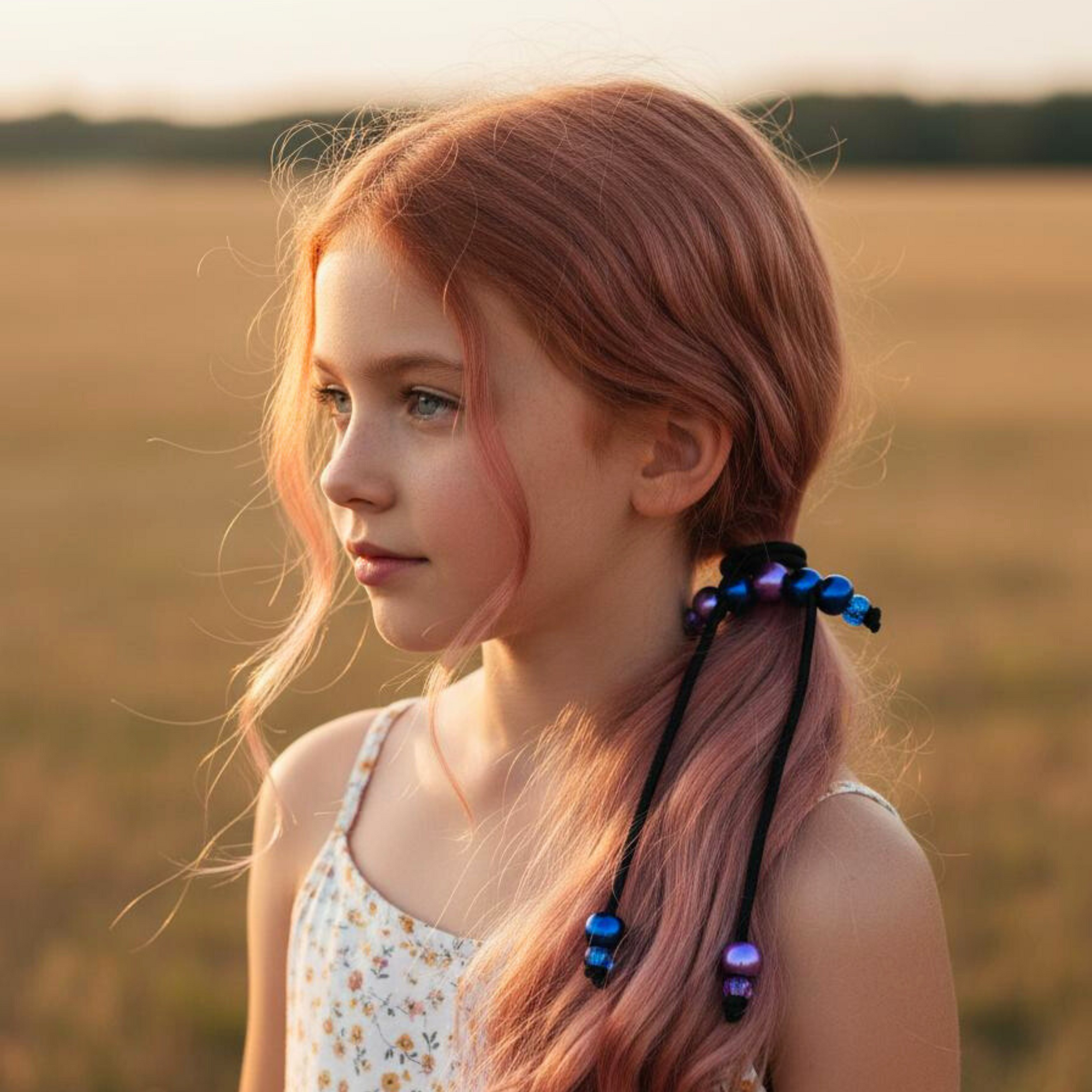 Young girl with red hair wearing a hair tie with colorful beads standing in a field.