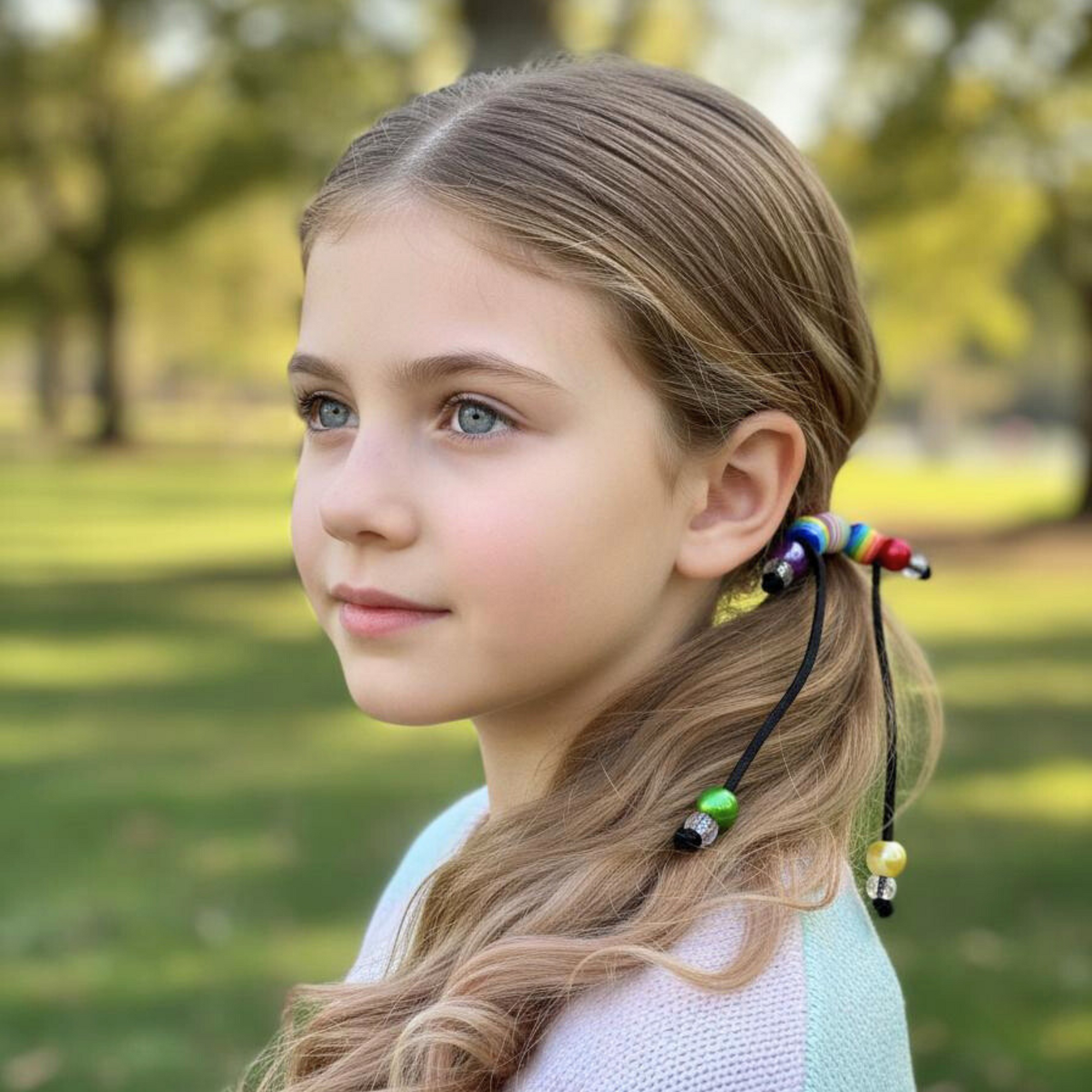 Young girl with blonde hair wearing PonyPop™ PopTails™ - Rainbow hair tie 