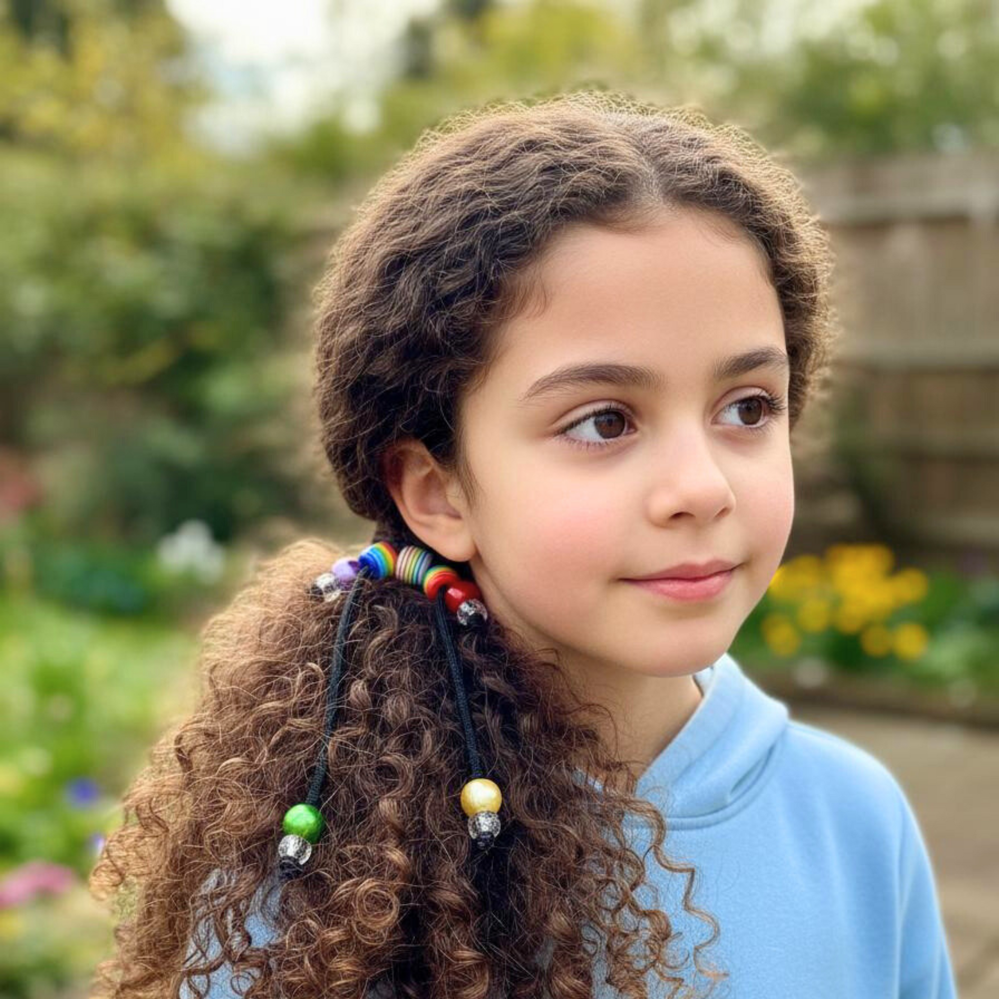 Young girl with dark curly hair wearing PonyPop™ PopTails™ - Rainbow hair tie 