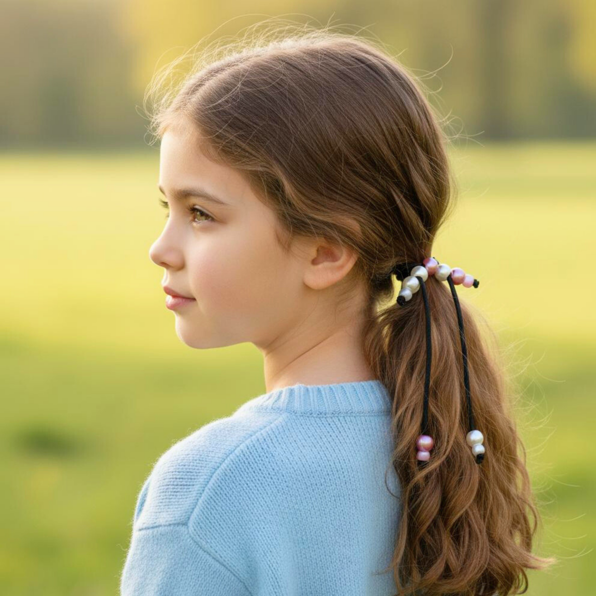 Young girl with curly hair wearing PonyPop™ PopTails™ - Rose Quartz hair tie