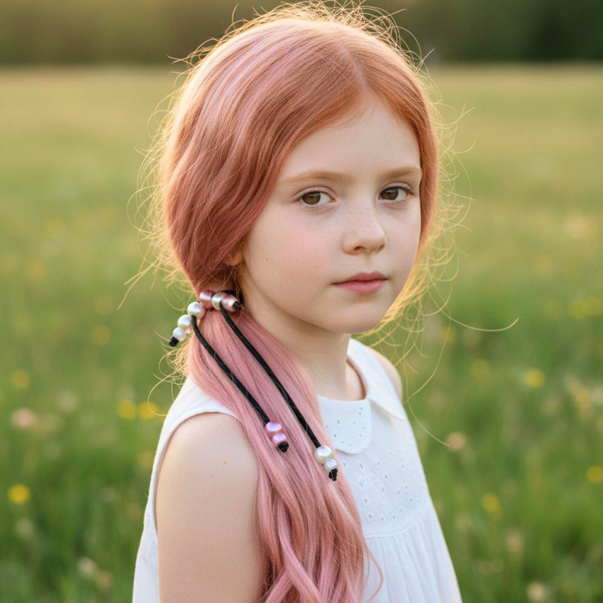 Young girl with pink hair wearing PonyPop™ PopTails™ - Rose Quartz hair tie