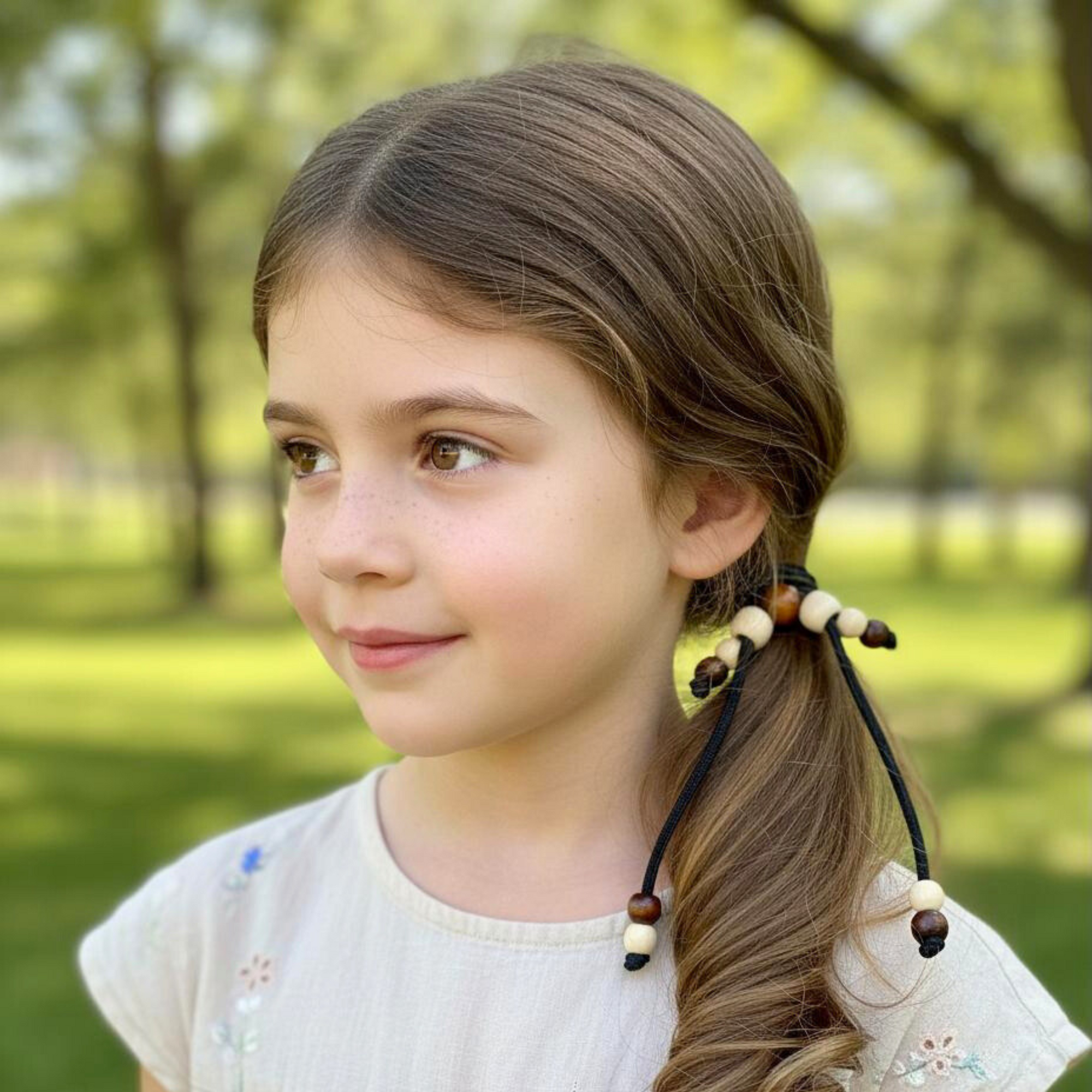Young girl with brown wavy hair smiling and wearing PonyPop™ PopTails™ - Natural Wood hair tie in a side ponytail