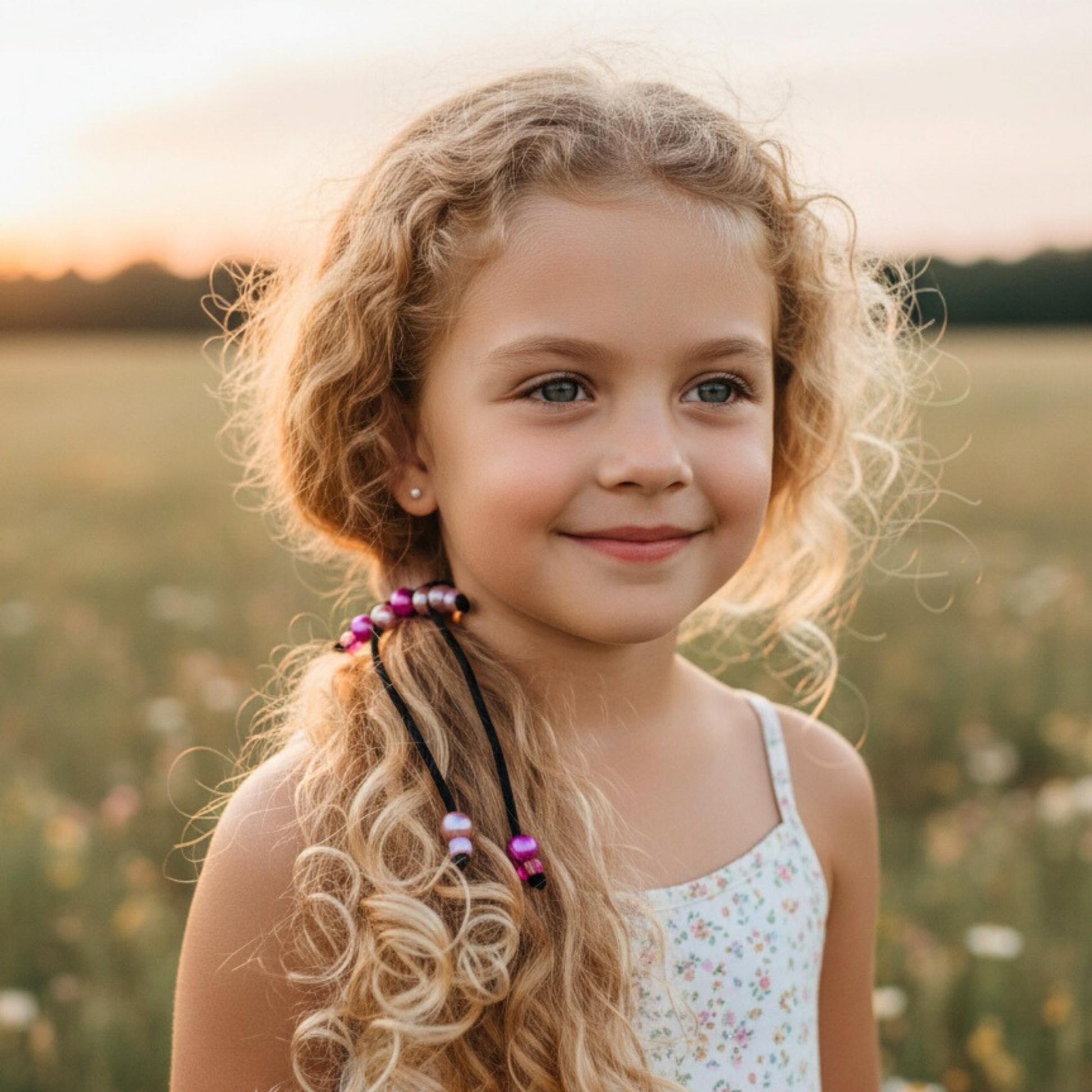 Young girl with braided hair in a field during sunset