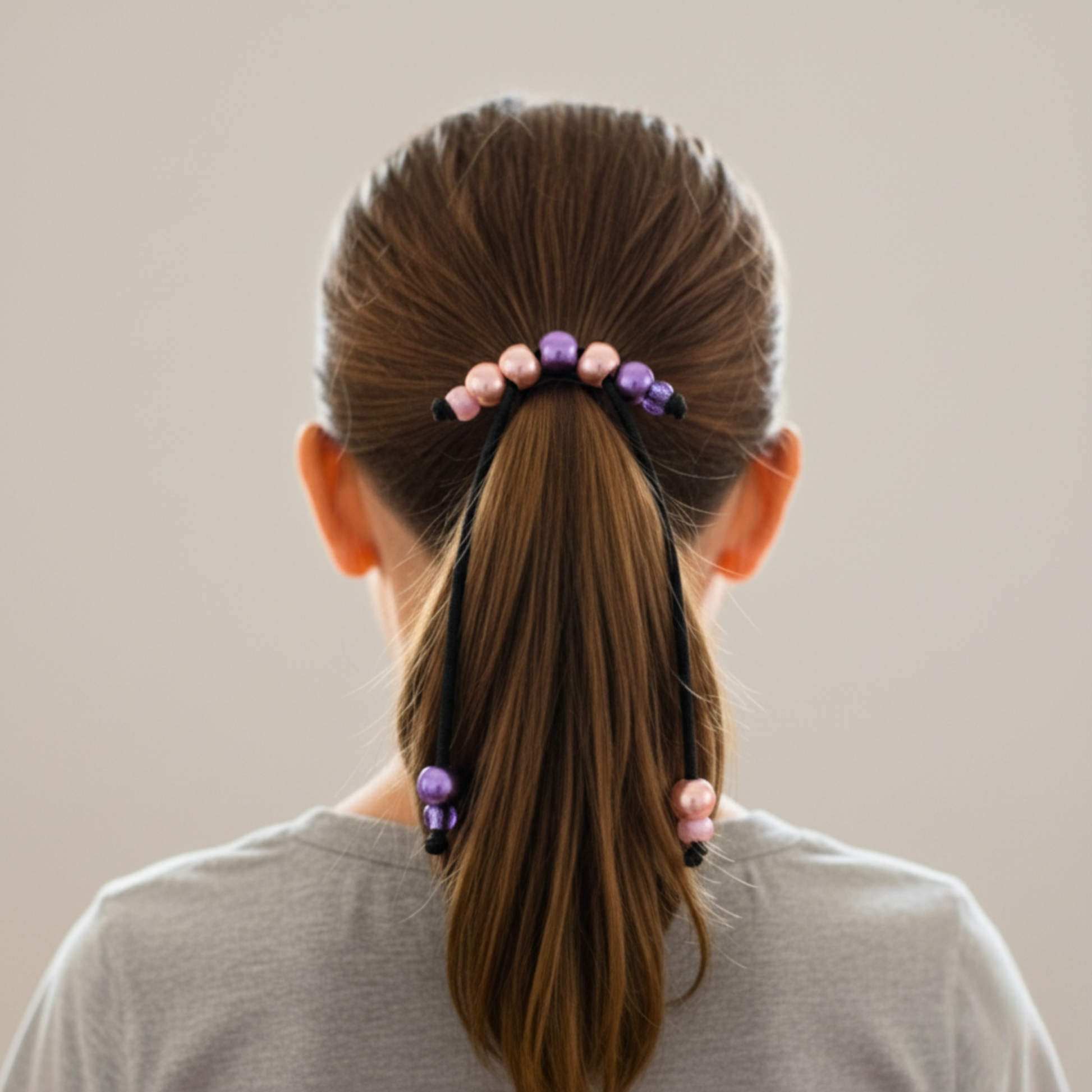 Person with a ponytail using colorful hair ties on a plain background