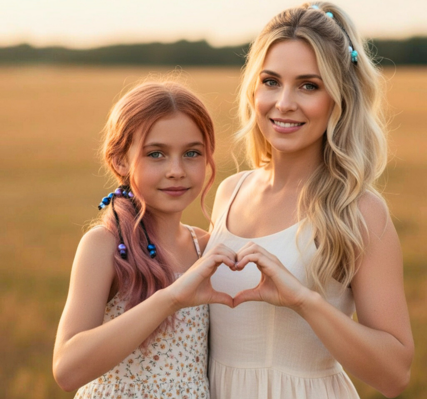 Woman and young girl making heart shapes with their hands in a field.