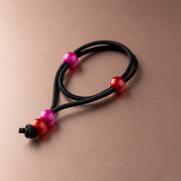 Black hair tie with pink and red beads on a beige background