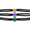 Black cord with gold, purple, and green beads on a white background