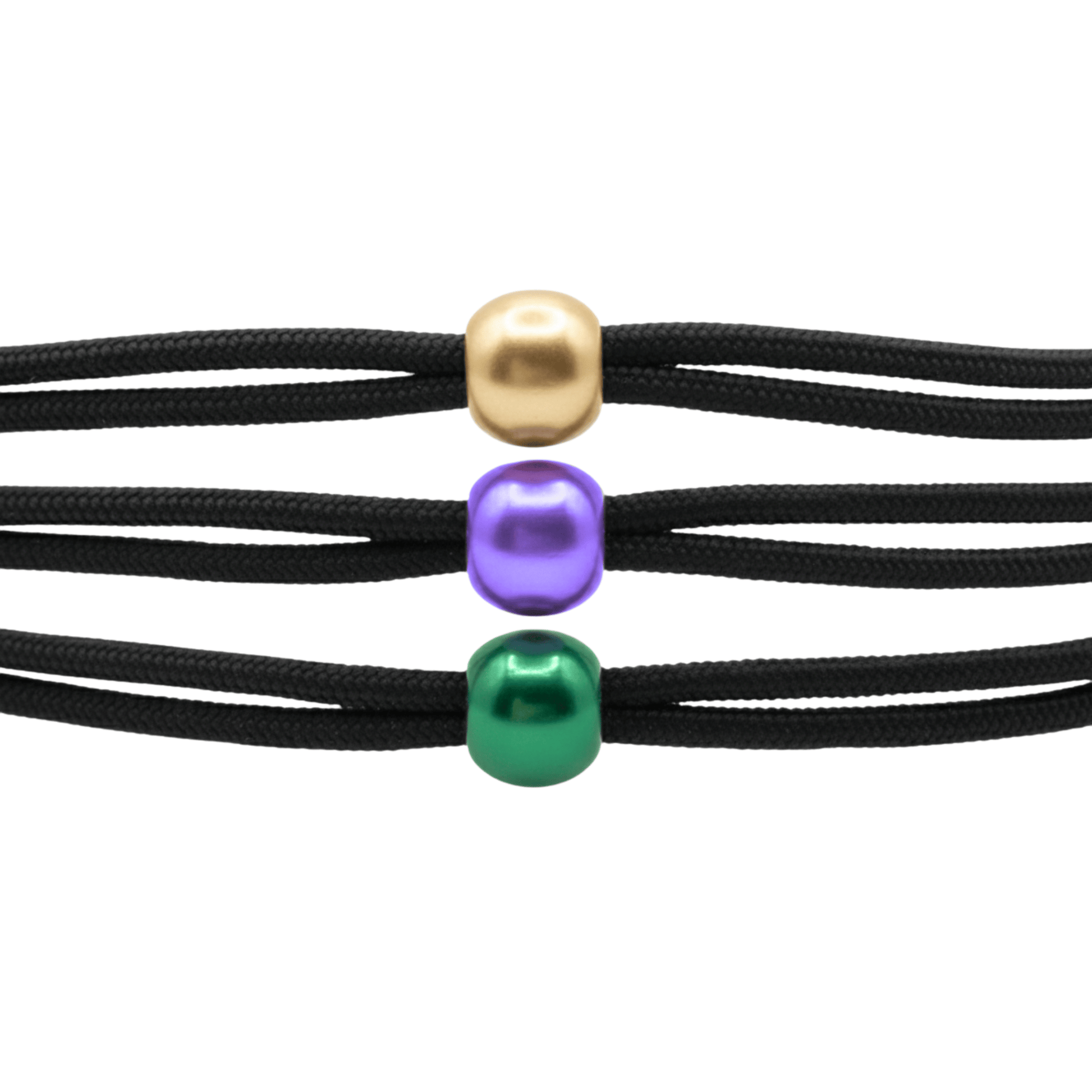 Black cord with gold, purple, and green beads on a white background