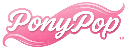 PonyPop logo with pink and white text on a white background