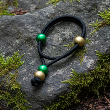 Black hair tie with green and gold beads on a green background