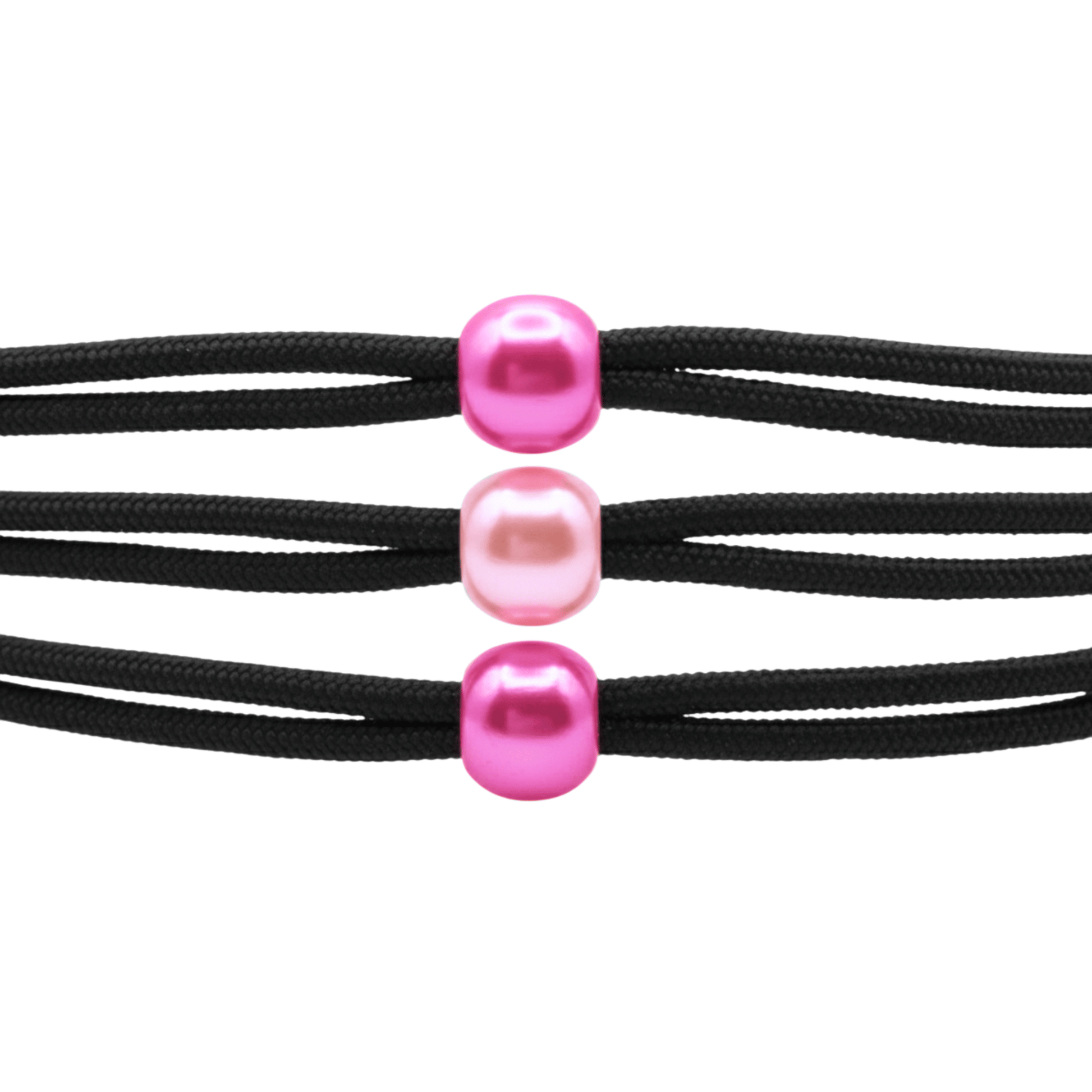 Black cord with three pink beads on a white background