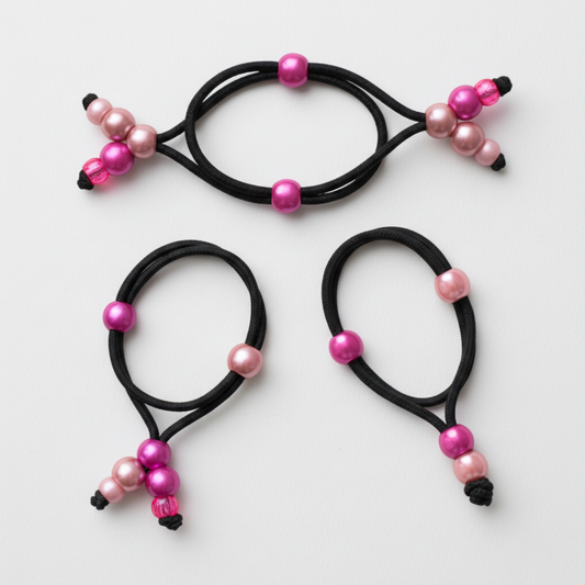 Three black hair ties with pink and black beads on a white background