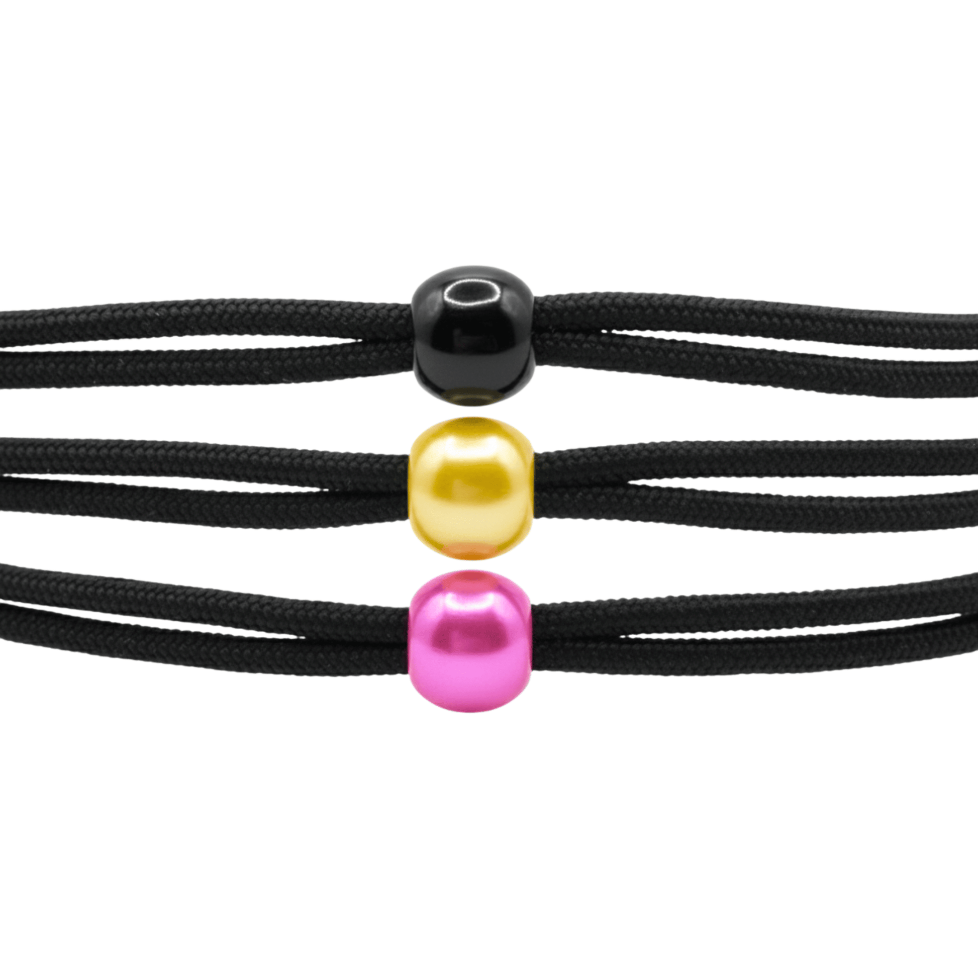 Black cord with colorful beads on a white background