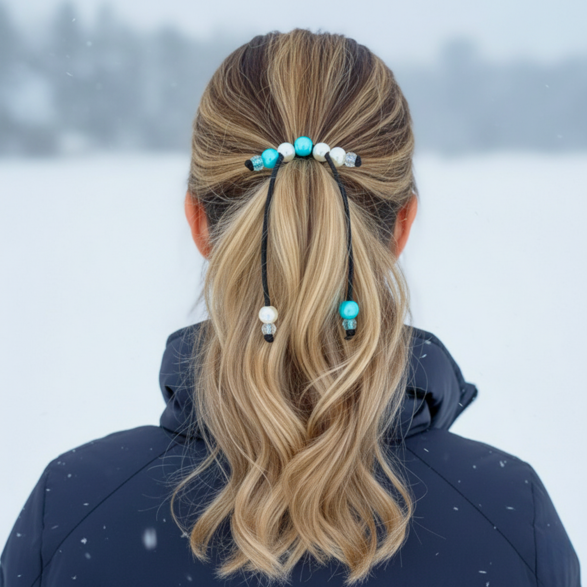 Person with styled hair featuring turquoise beads against a snowy background