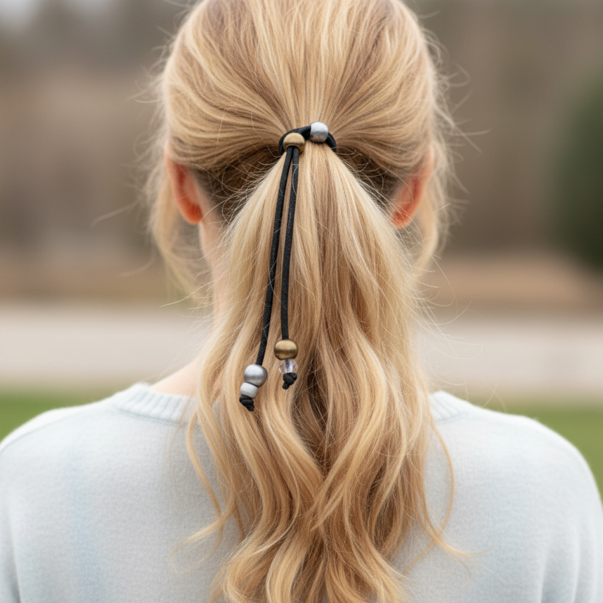 Person with blonde hair tied in a ponytail with decorative hair ties against a blurred outdoor background