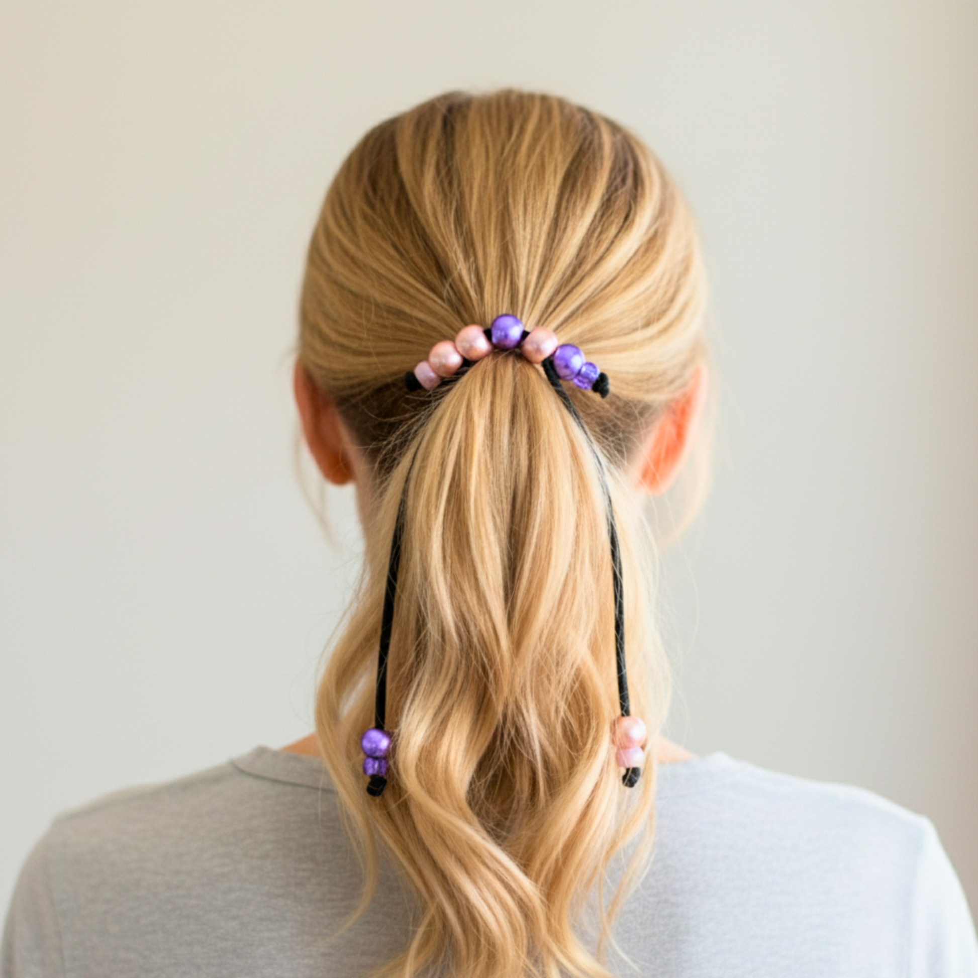 Person with a ponytail using decorative hair ties against a plain background