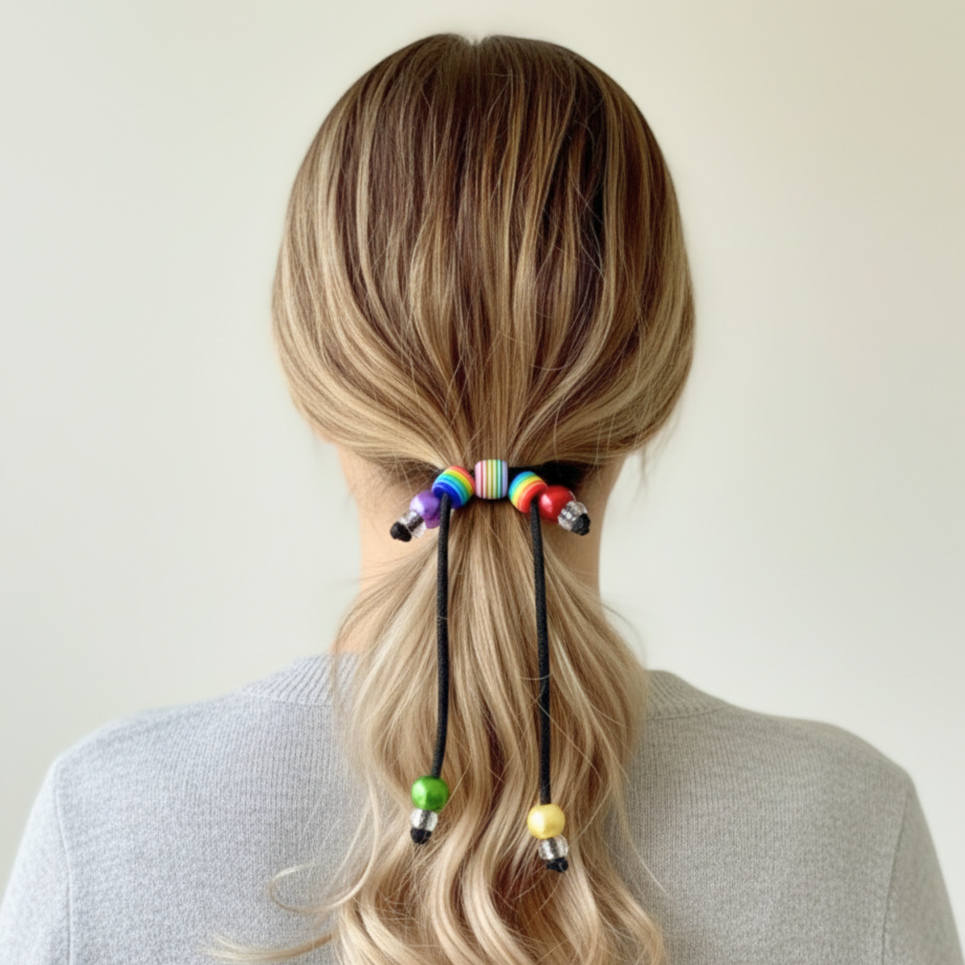 Person with a colorful hair tie in a ponytail against a plain background