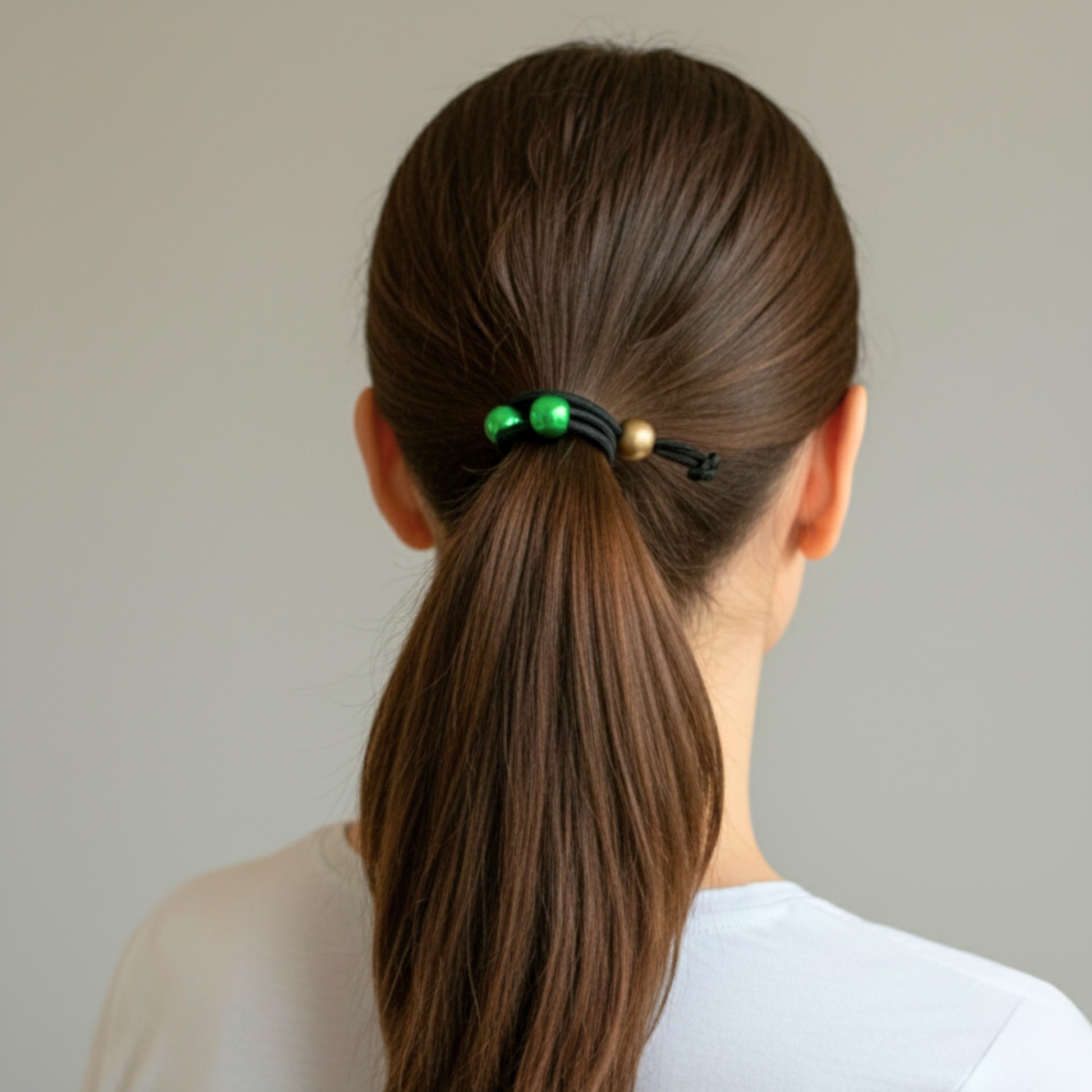 Person with a ponytail held by a green hair tie against a neutral background