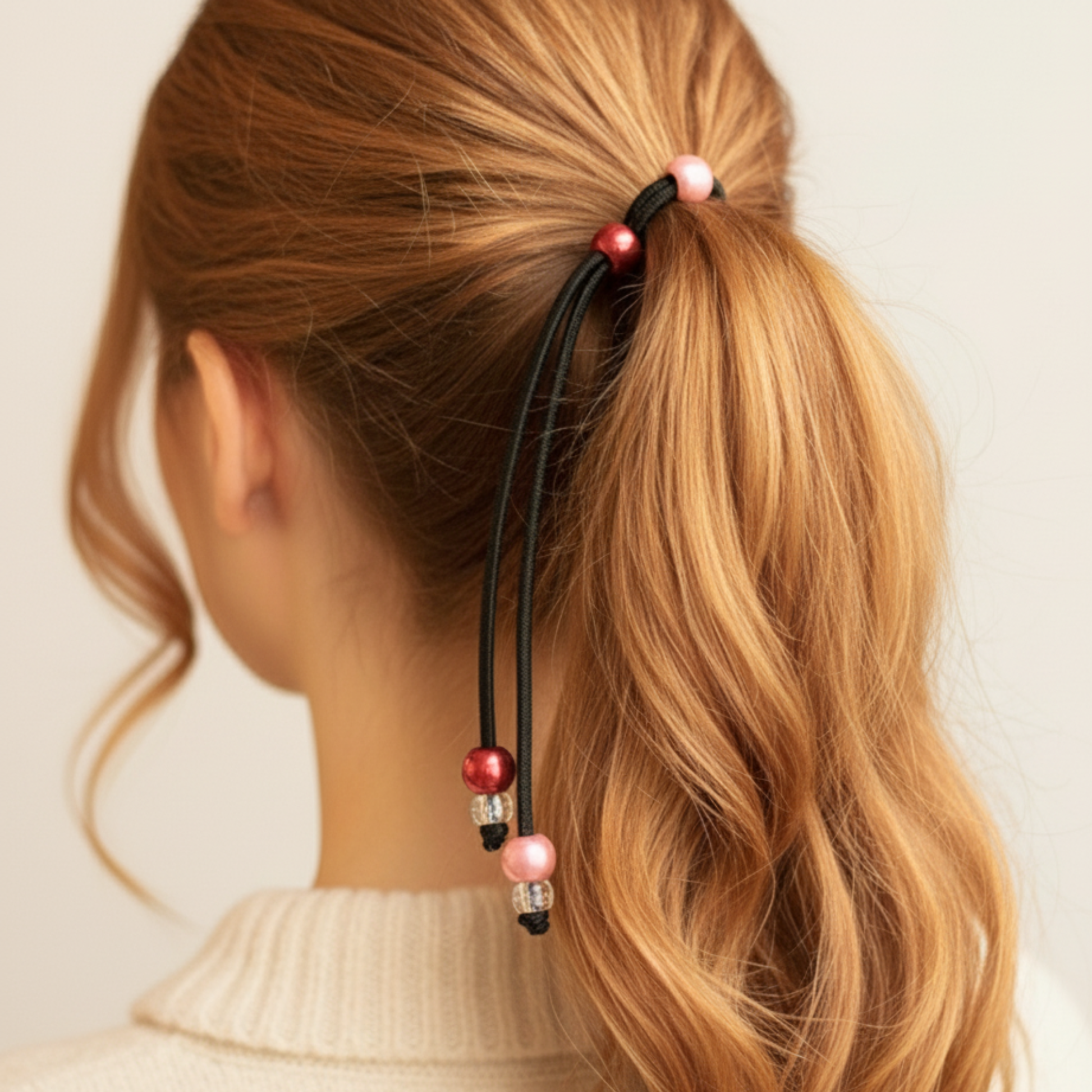 Woman with blonde hair tied in a ponytail using a decorative hair tie against a neutral background