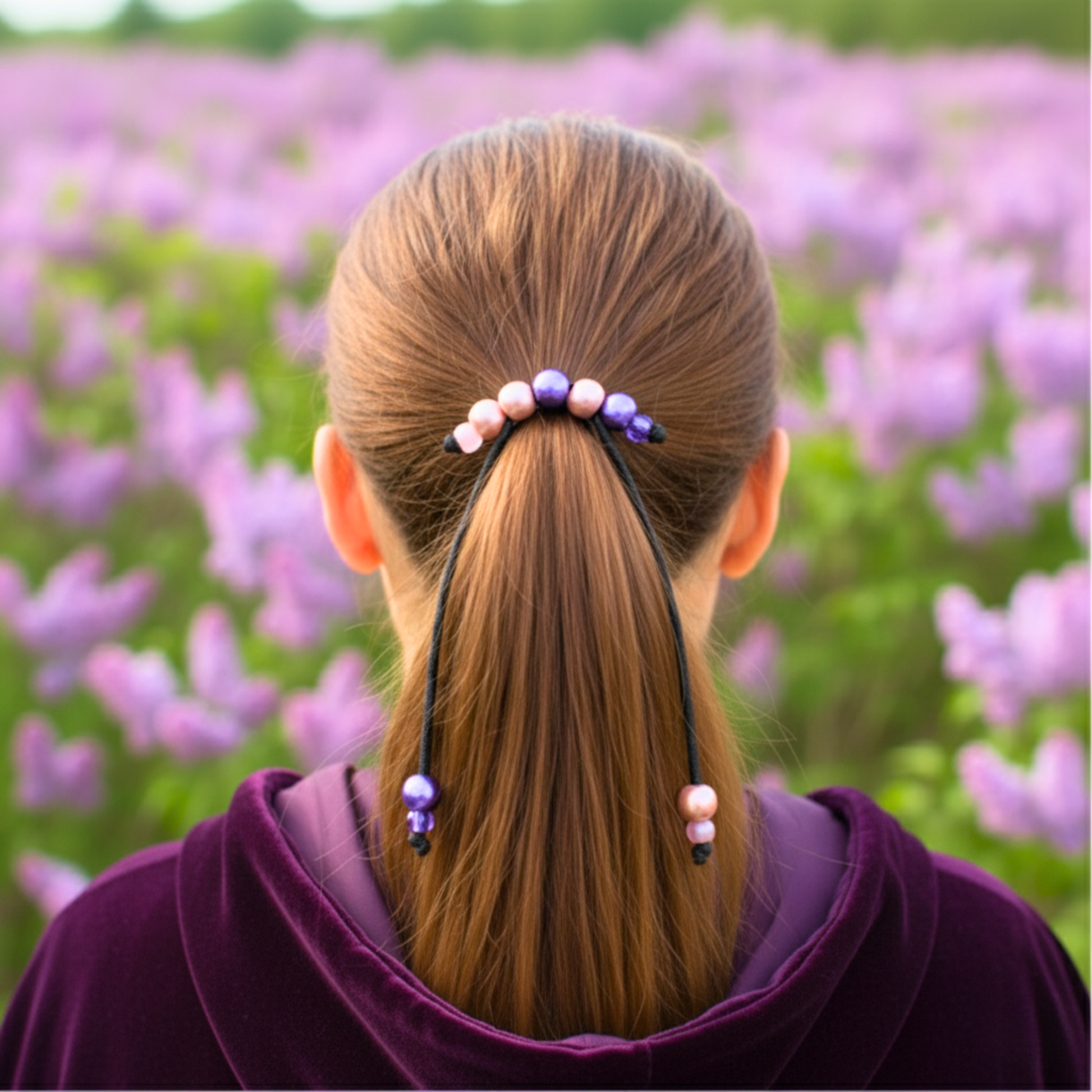 Person with a ponytail in a field of purple flowers