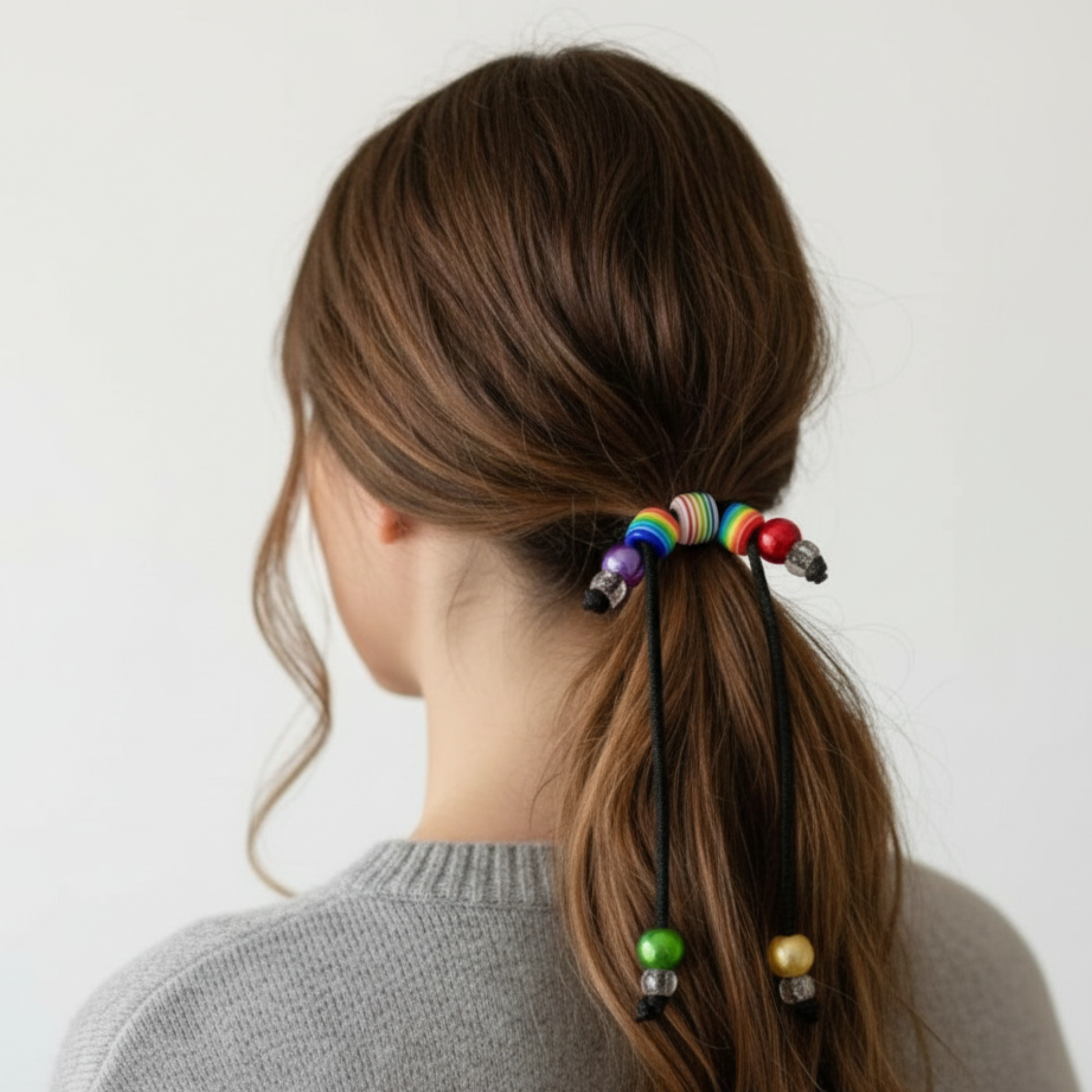 Person with a colorful beaded hair tie in a ponytail against a plain background