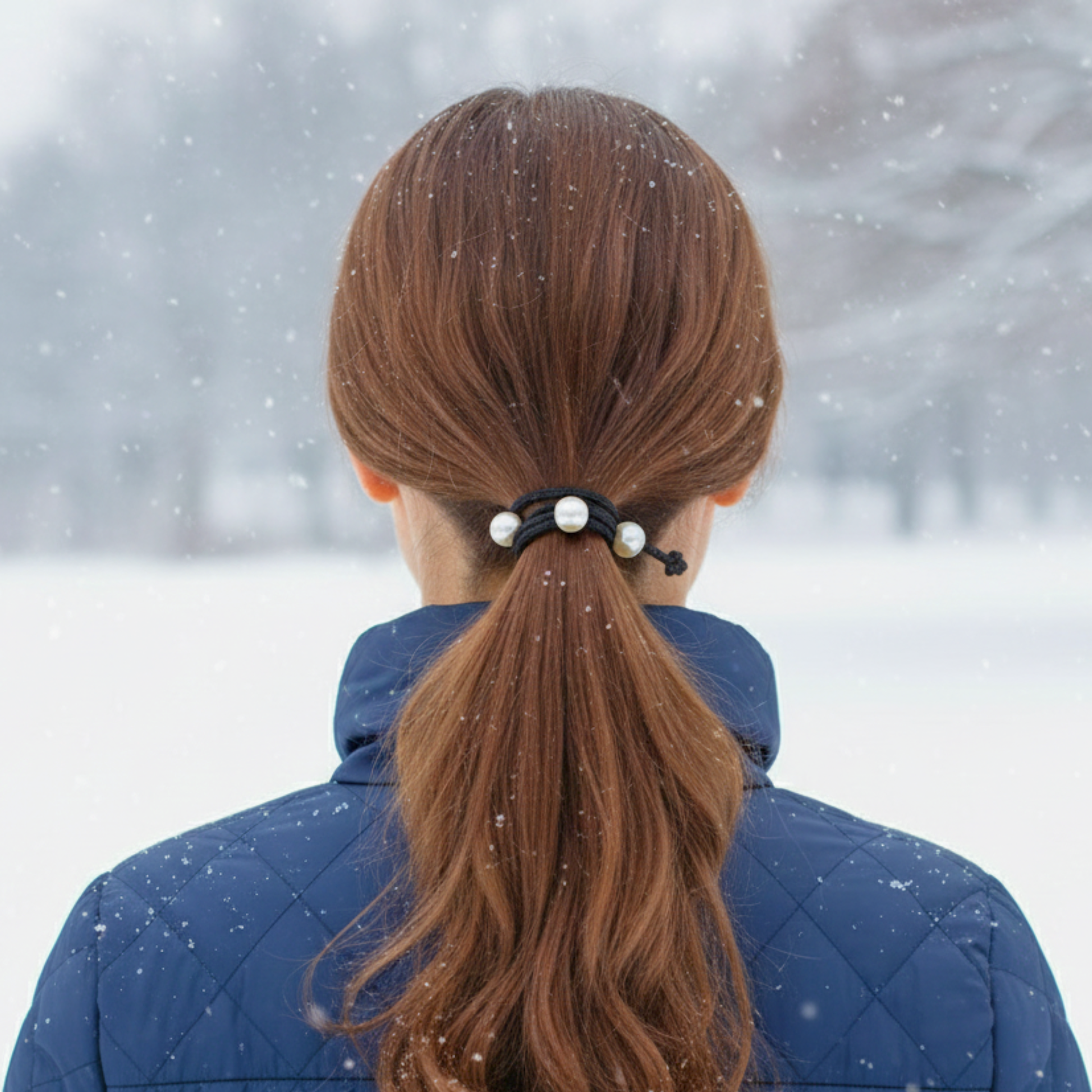 Person with a ponytail wearing a blue jacket in a snowy landscape
