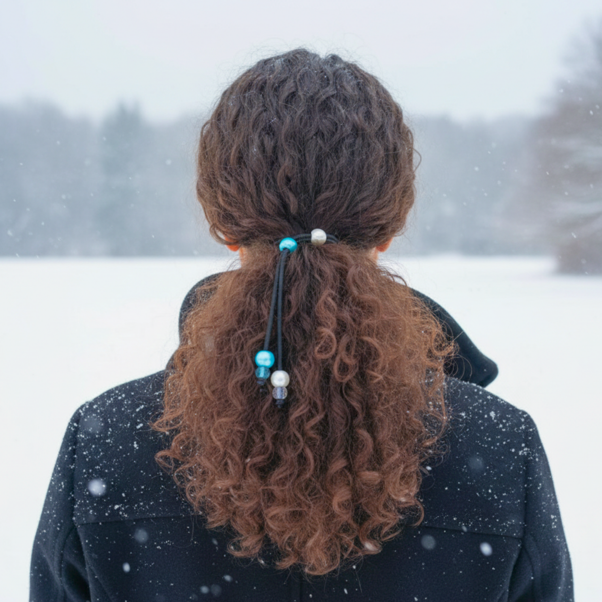 Person with curly hair tied back with colorful hair ties in a snowy landscape