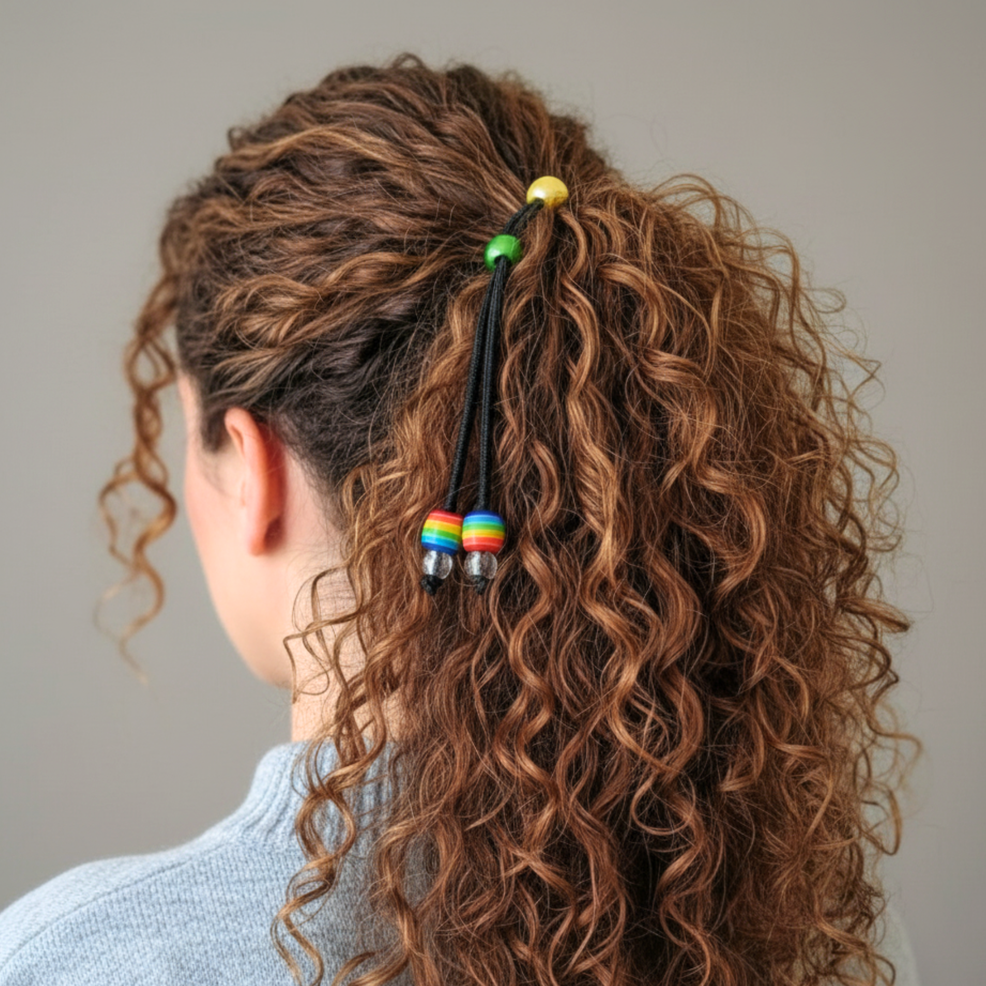 Person with curly hair tied back with a colorful hair tie against a neutral background