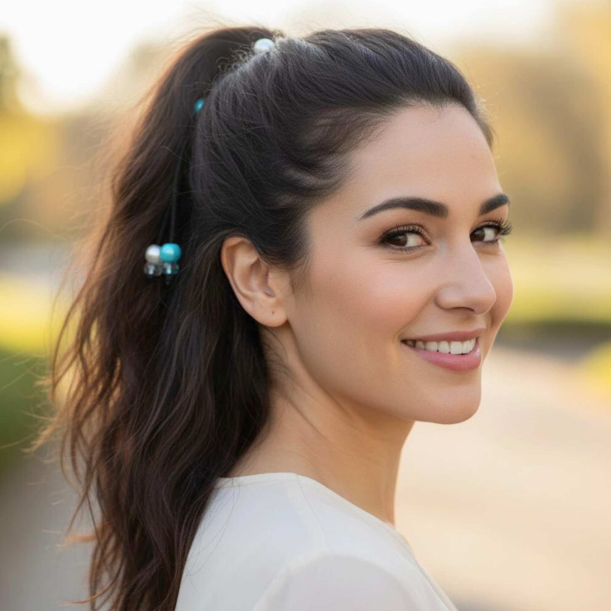 Woman with a ponytail wearing turquoise hair ties outdoors