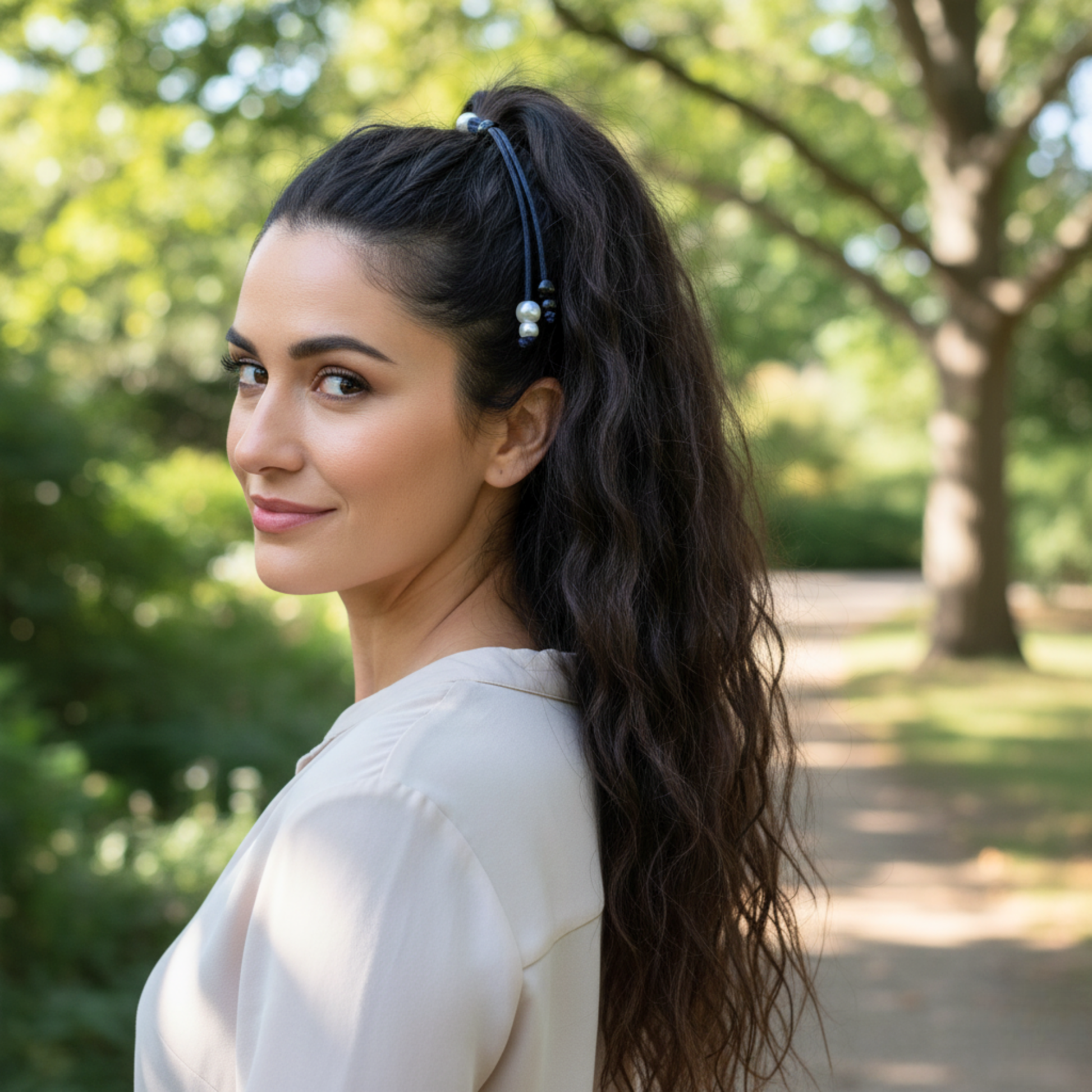 Woman with a ponytail in a park setting