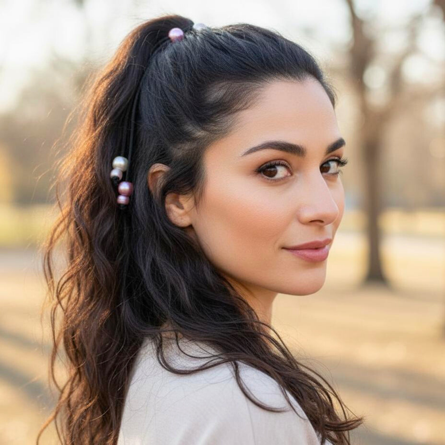 Woman with a ponytail in an outdoor setting