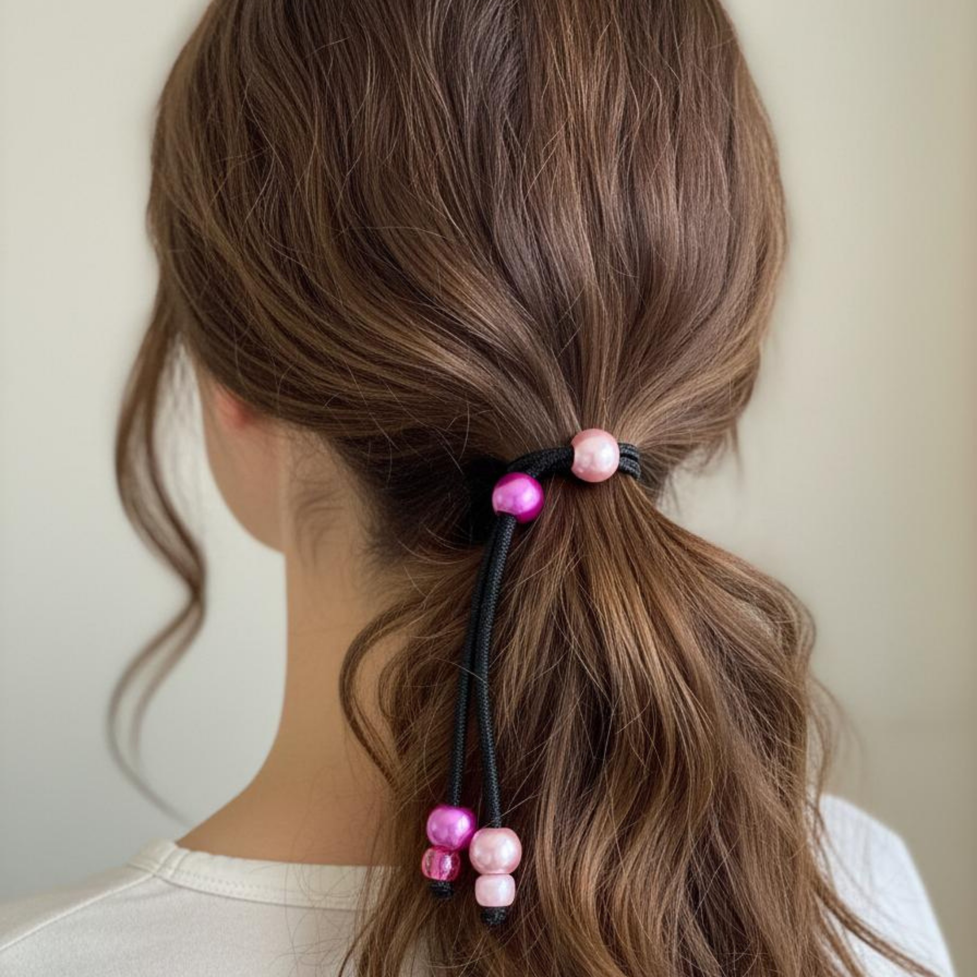 Person with a ponytail featuring pink beads against a neutral background